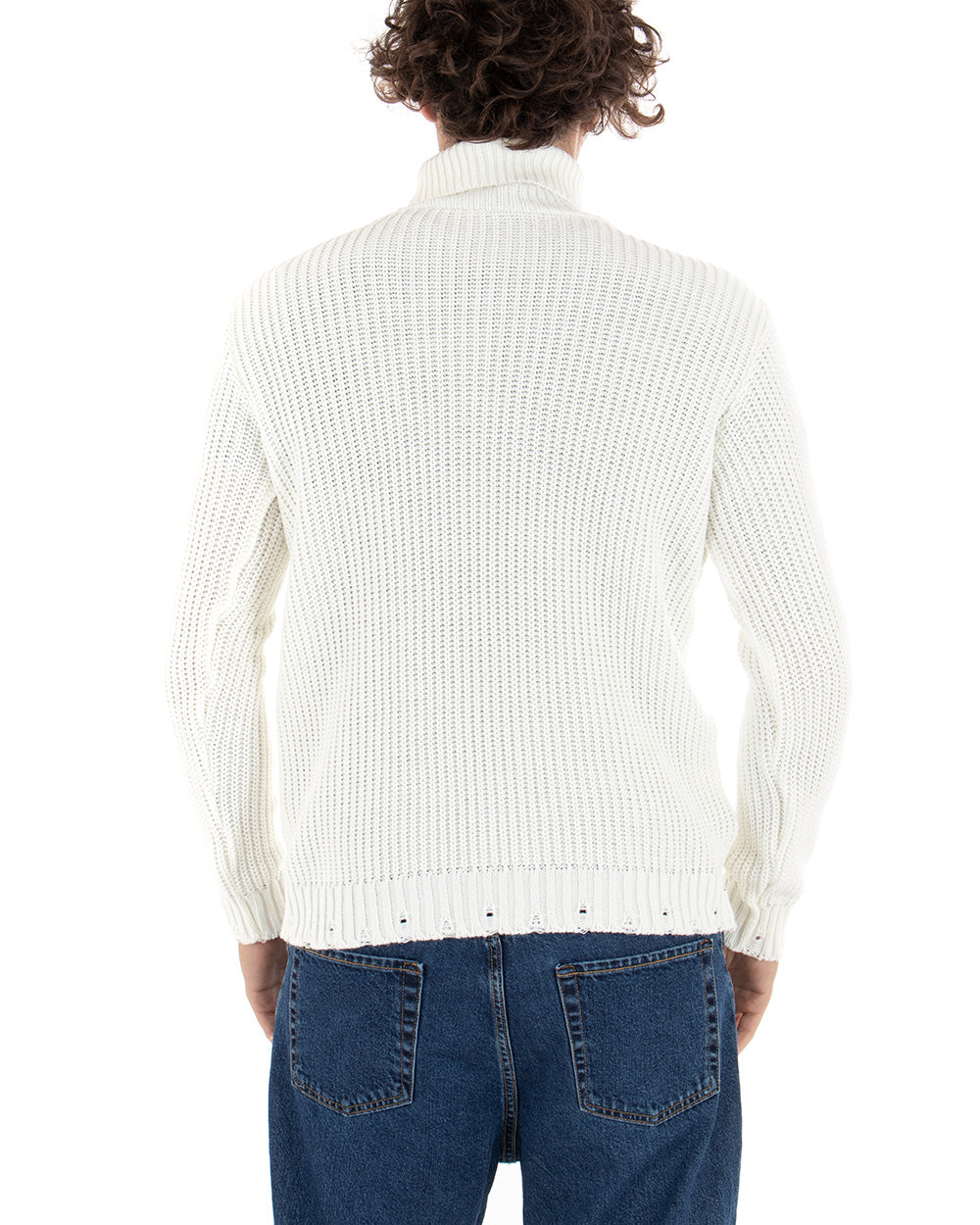 Men's High Neck Perforated Sweater Solid White Paul Barrell Casual GIOSAL