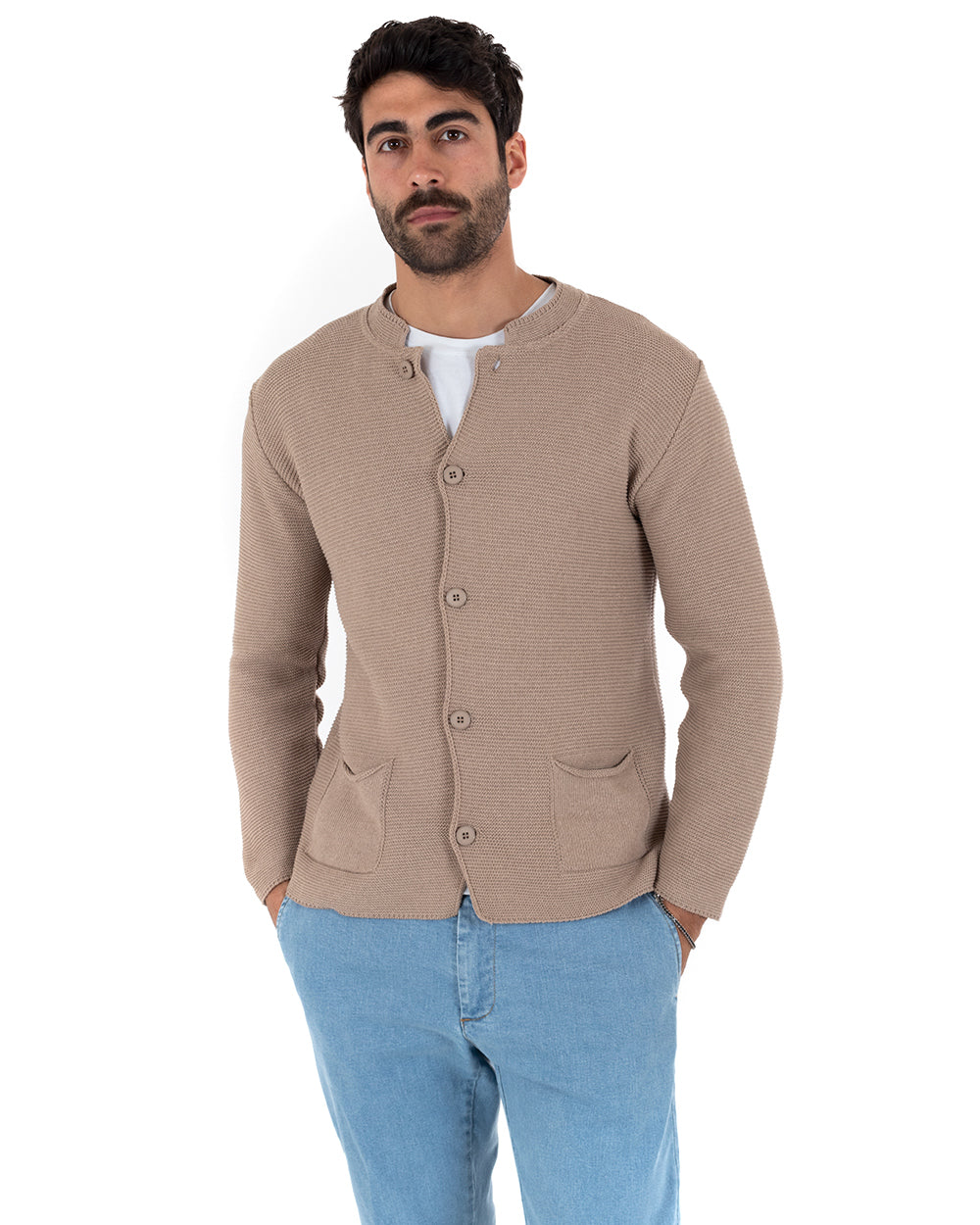 Men's Korean Collar Cardigan Single-breasted Sweater Knitted Jacket With Beige Buttons GIOSAL-M2479A