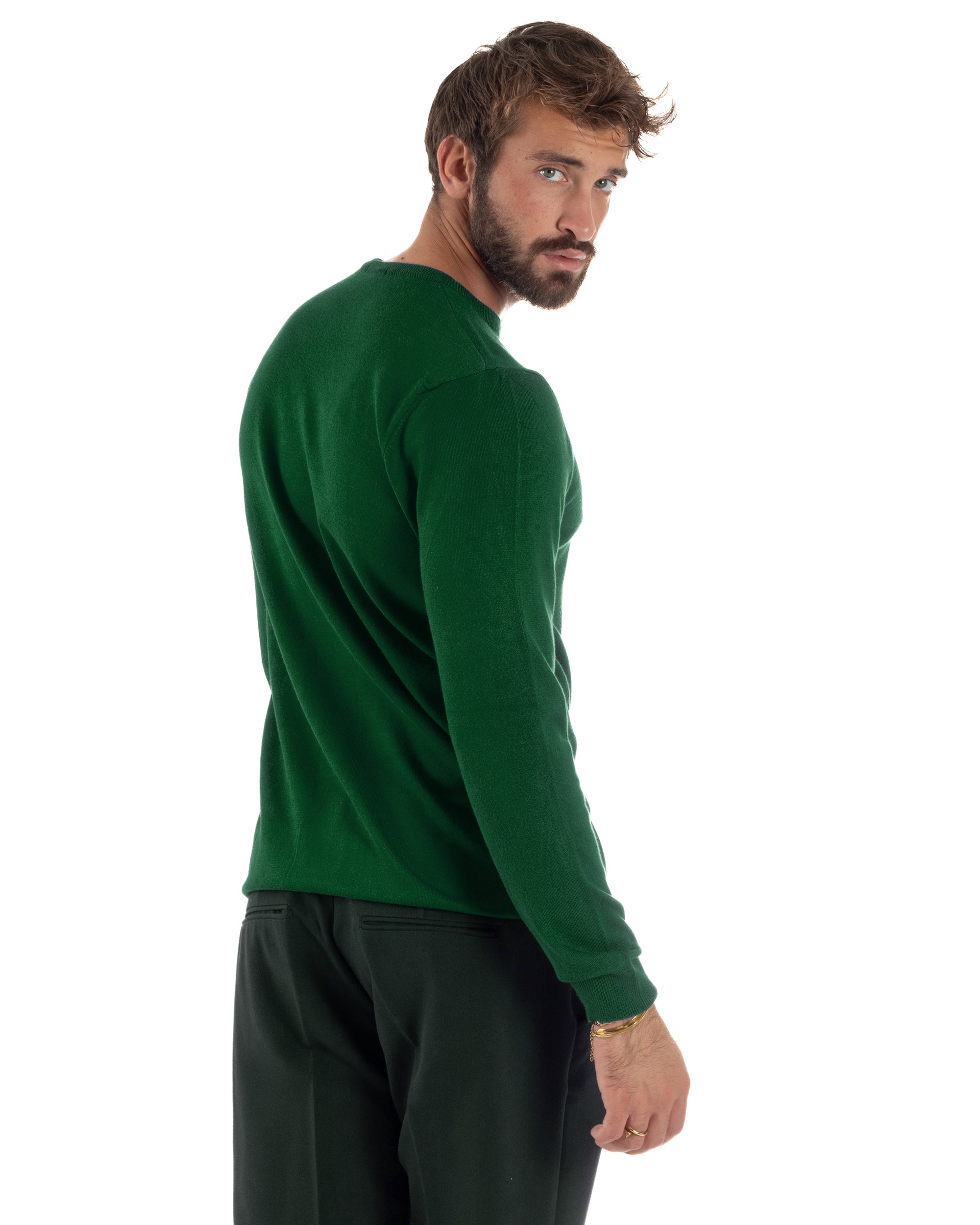Maglioncino Uomo Girocollo Maglia Rasata Basic Verde Bottiglia M2497A