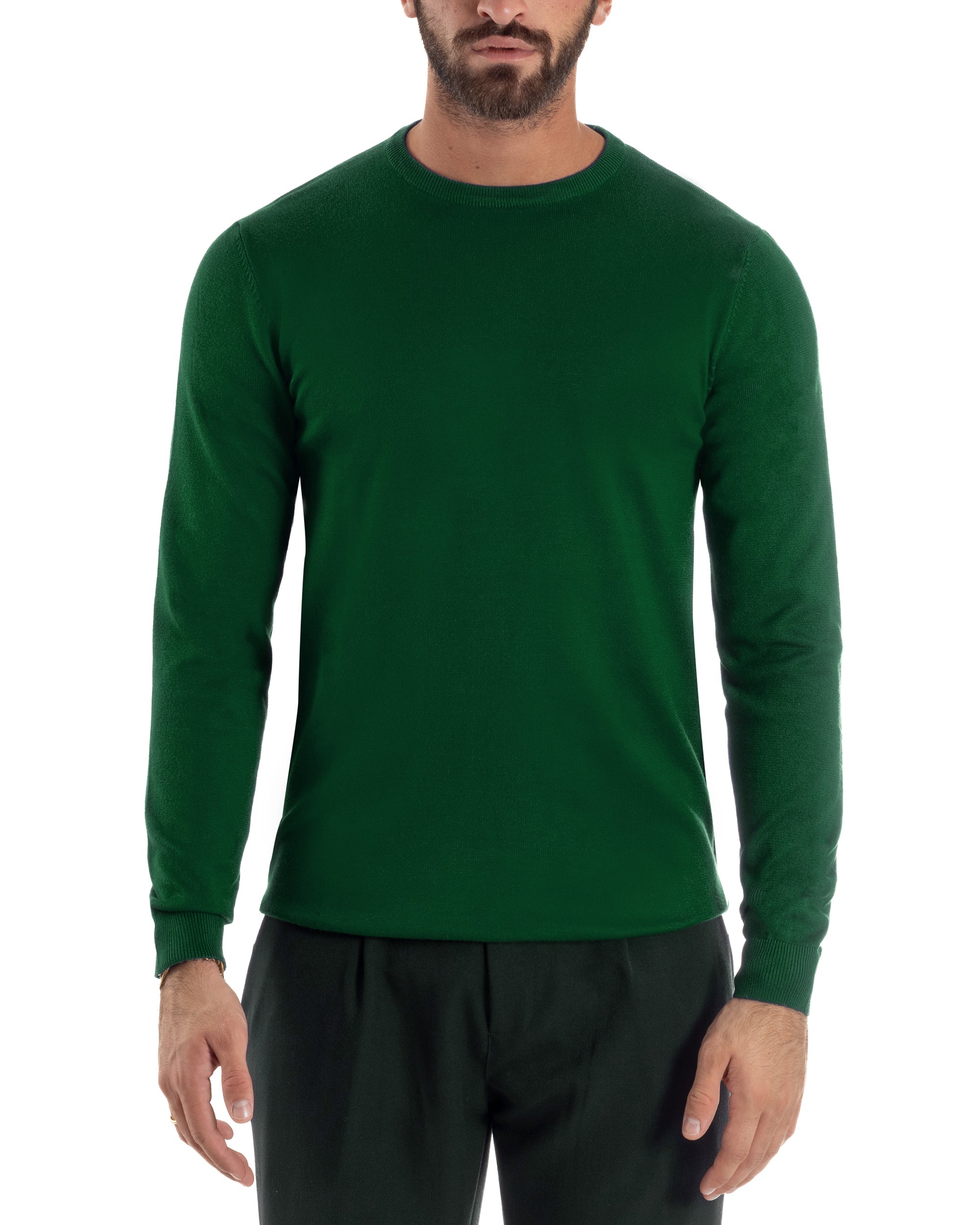 Maglioncino Uomo Girocollo Maglia Rasata Basic Verde Bottiglia M2497A