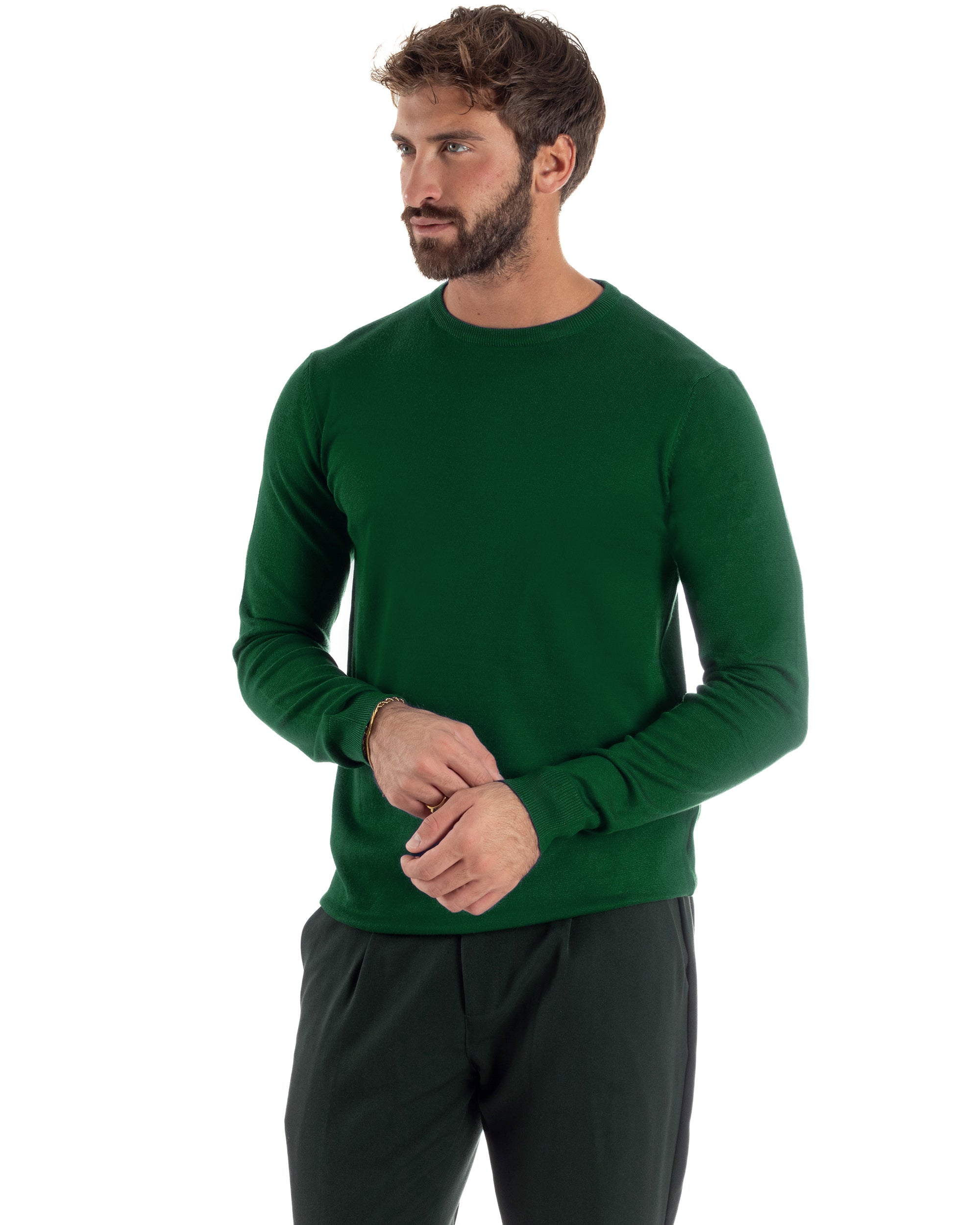 Maglioncino Uomo Girocollo Maglia Rasata Basic Verde Bottiglia M2497A