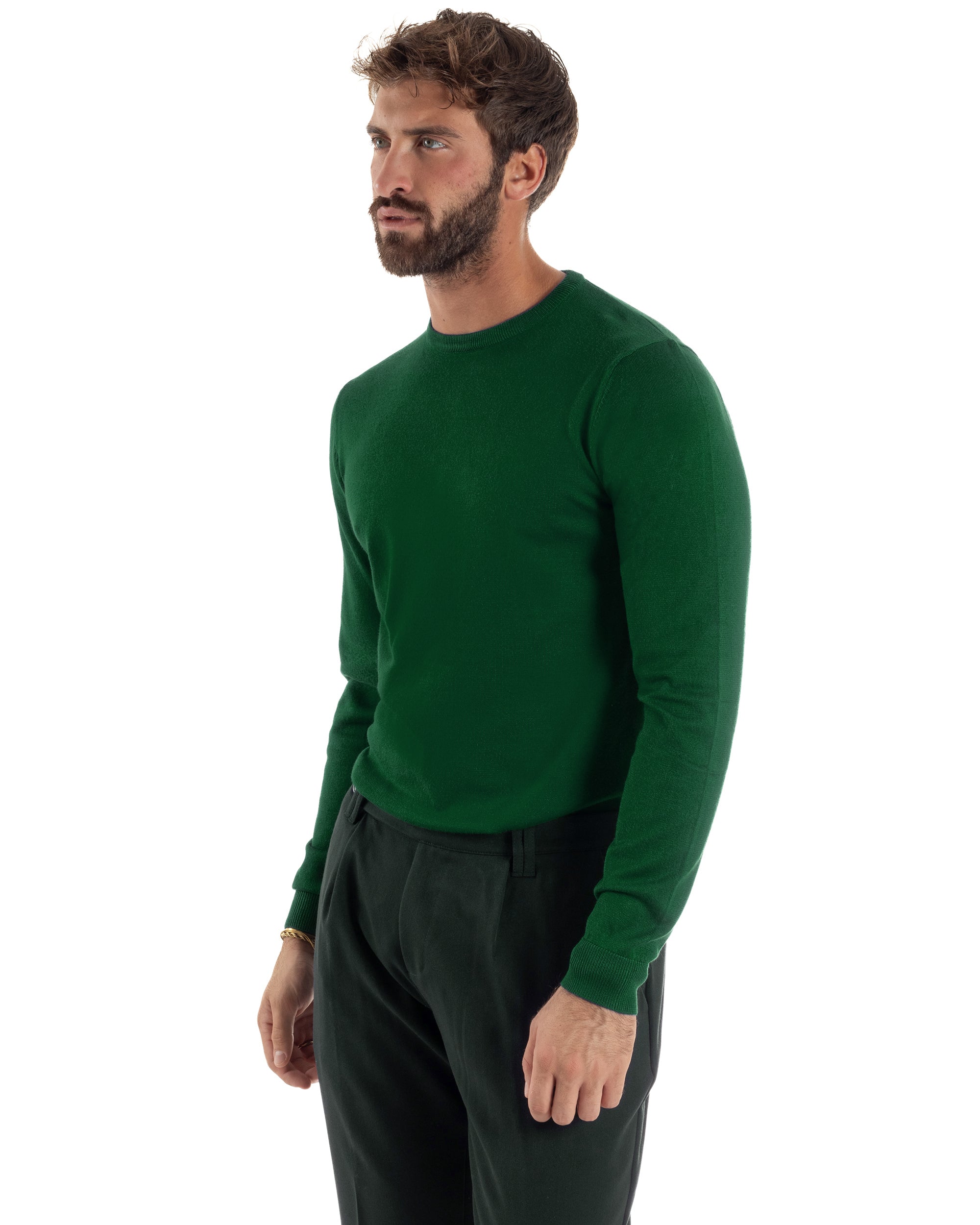 Maglioncino Uomo Girocollo Maglia Rasata Basic Verde Bottiglia M2497A