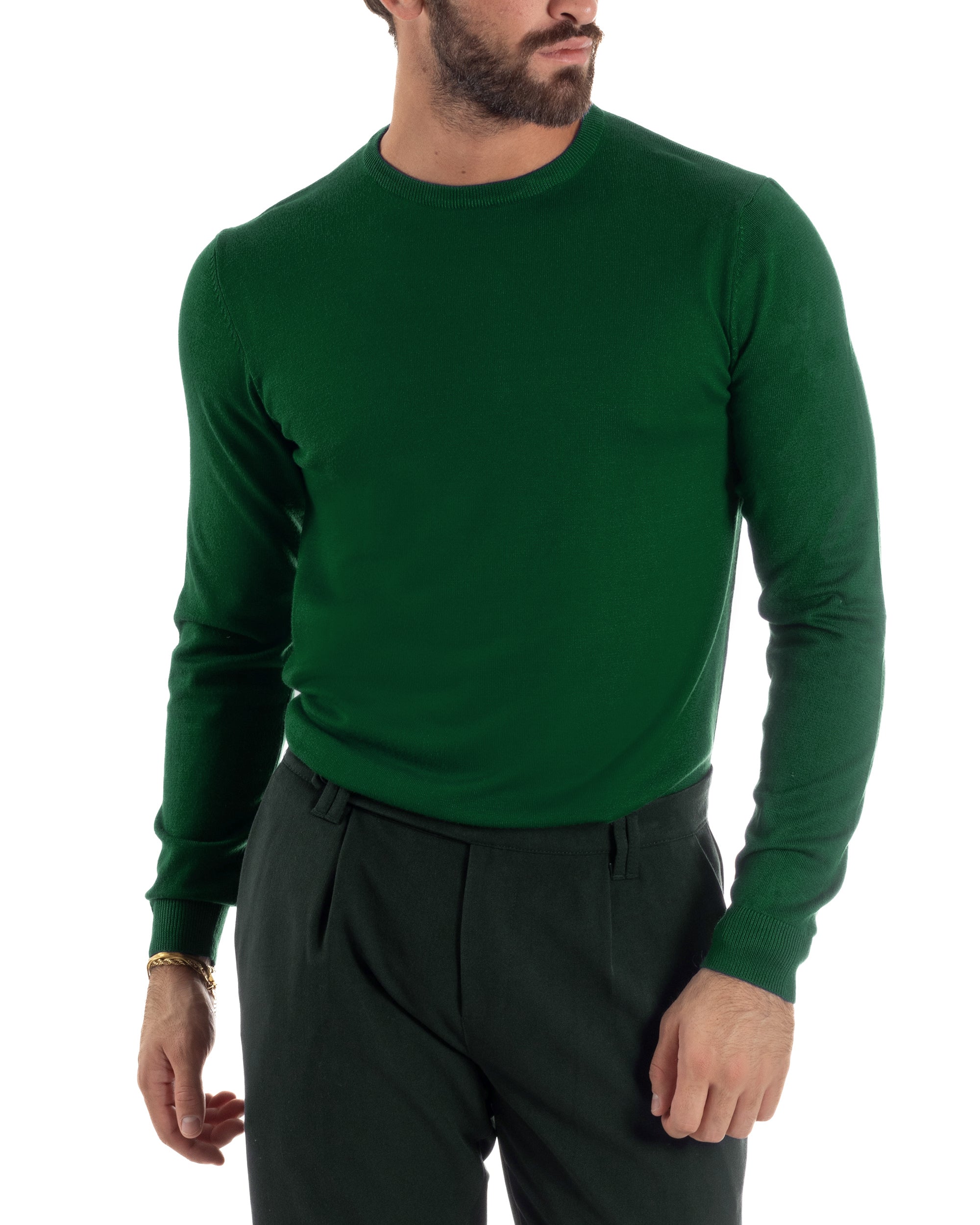 Maglioncino Uomo Girocollo Maglia Rasata Basic Verde Bottiglia M2497A