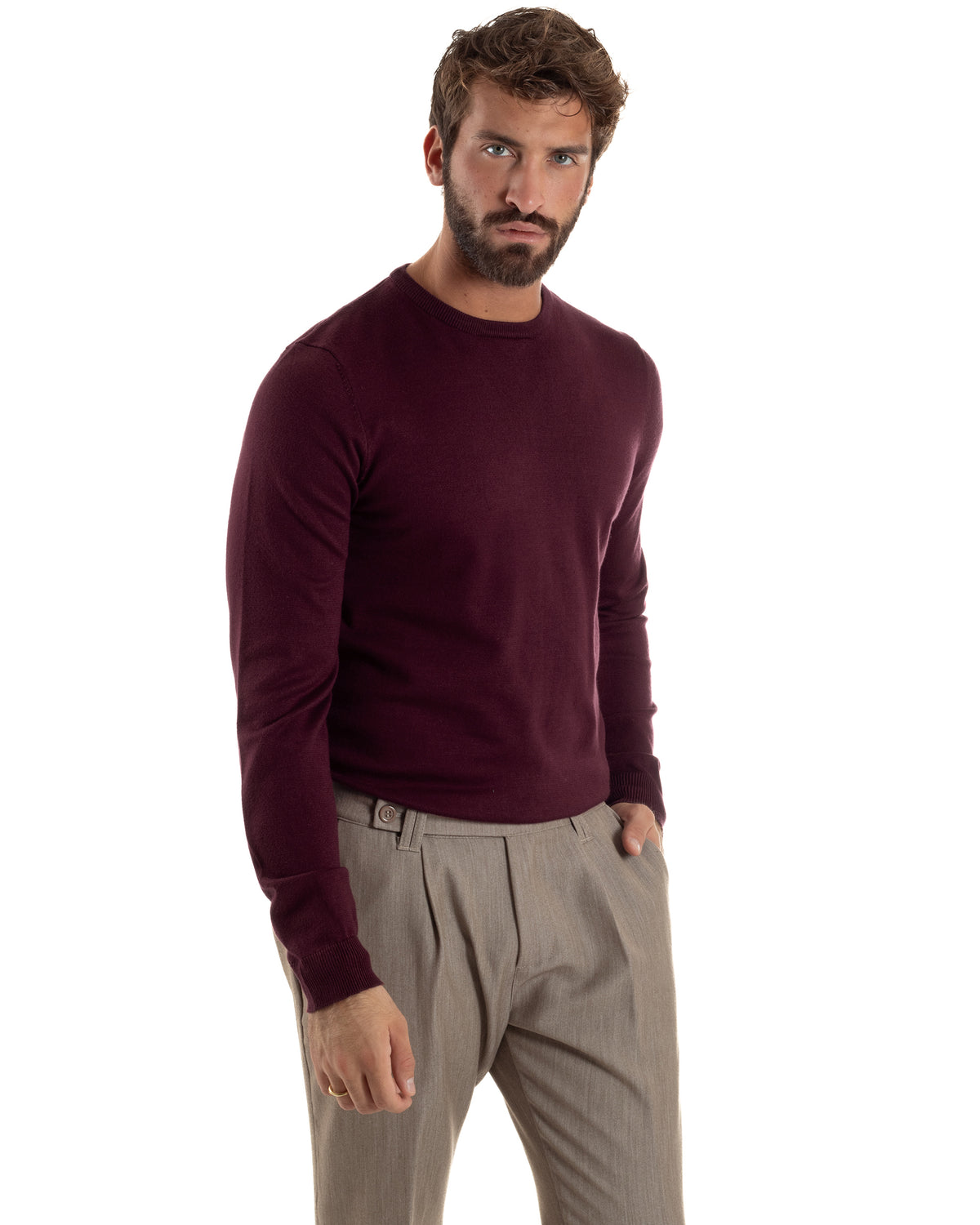Maglioncino Uomo Girocollo Maglia Rasata Basic Prugna M2504A