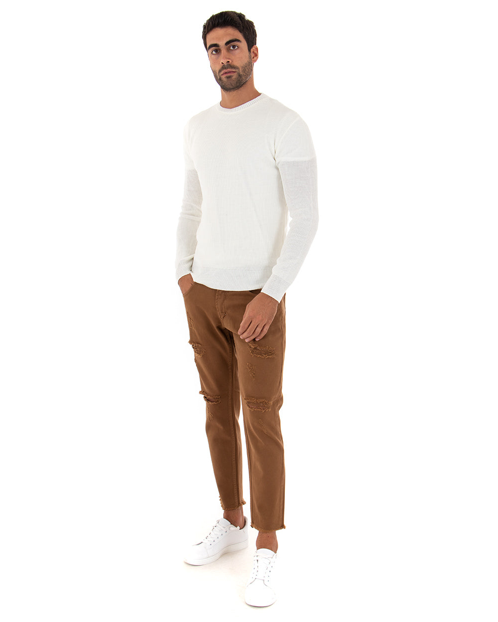 Men's Sweater Solid Color White Crew Neck Long Sleeve Basic Casual GIOSAL