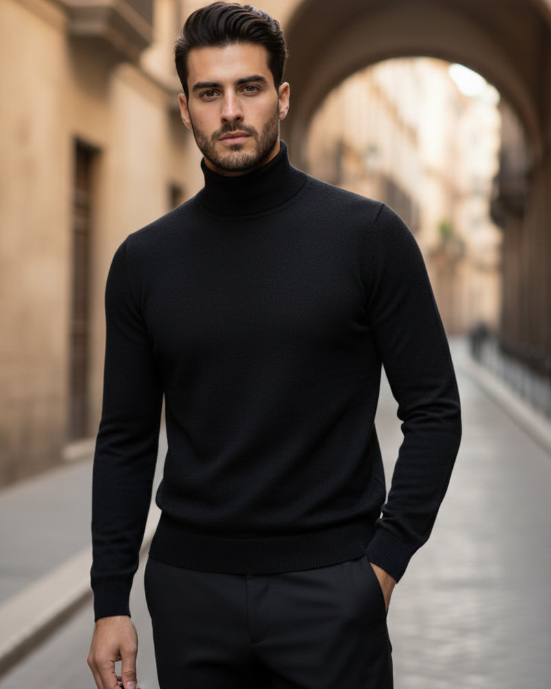 Maglioncino Uomo Collo Alto Maglia Rasata Dolcevita Basic Nero M2538A