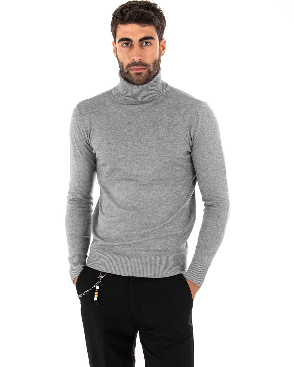 Men's Long Sleeves Elastic Turtleneck Sweater Solid Color Light Gray GIOSAL M2539A