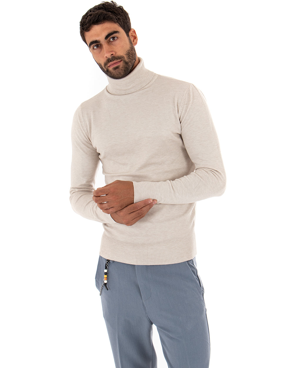 Men's Sweater Long Sleeves Elastic High Neck Solid Color Beige GIOSAL M2542A