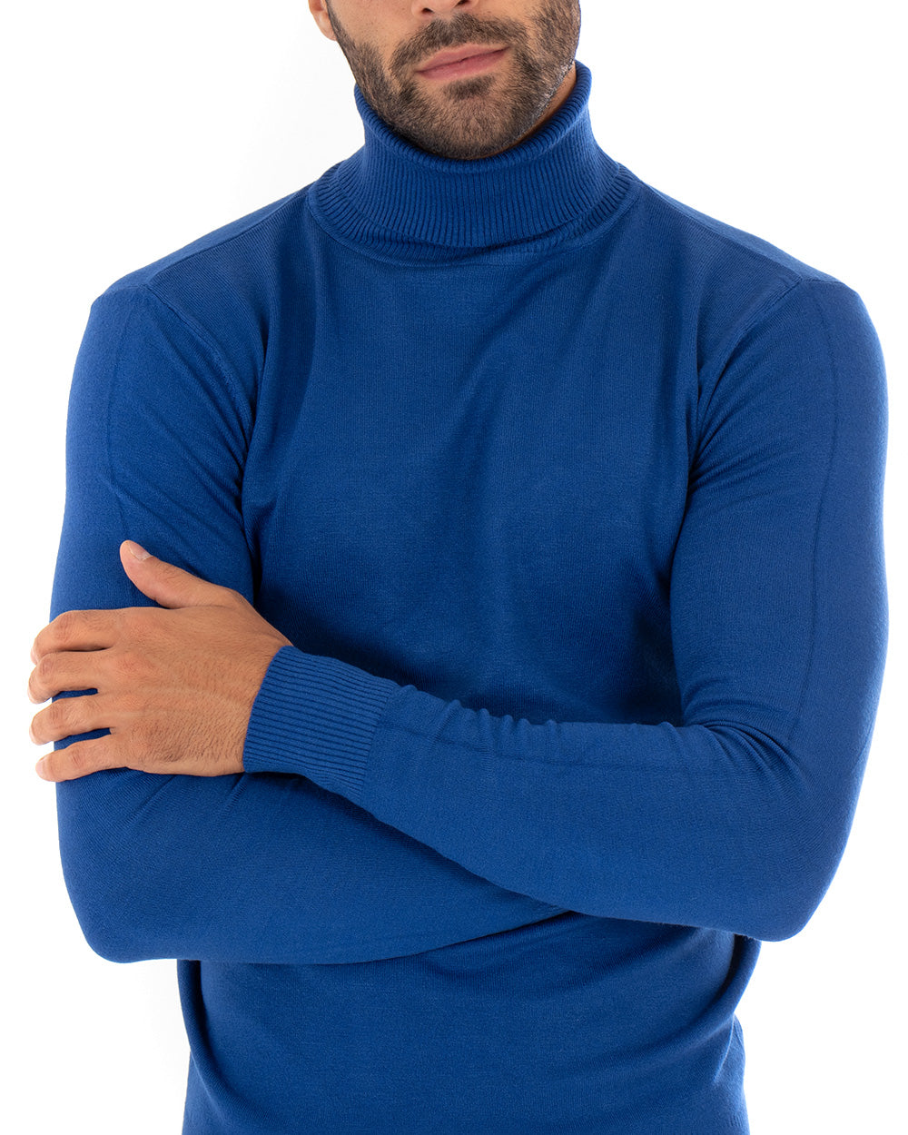 Maglioncino Uomo Maglia Maniche Lunghe Collo Alto Elastico Tinta Unita Blu Royal GIOSAL-M2547A