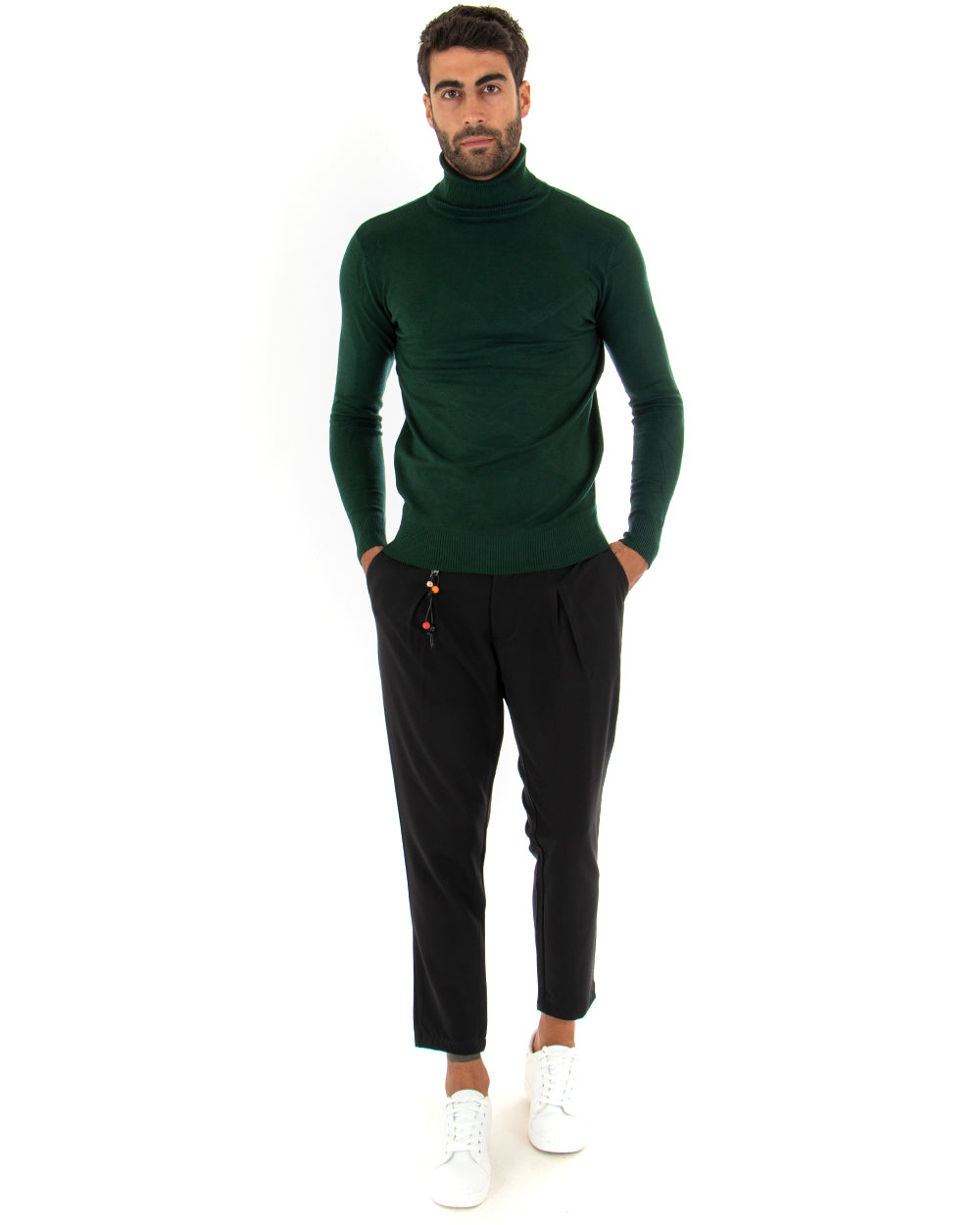 Men's Sweater Long Sleeves Elastic High Neck Solid Color Bottle Green GIOSAL M2548A
