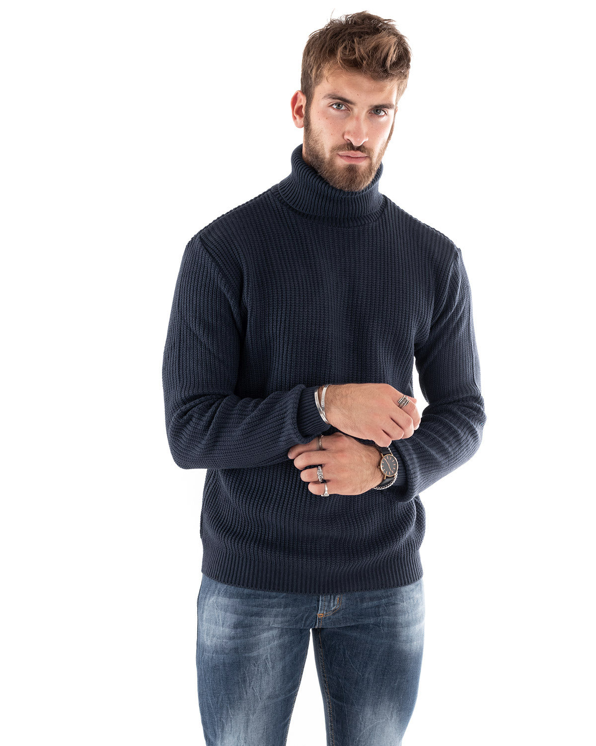Paul Barrell Men's Pullover Sweater Solid Color Dark Blue High Neck Casual GIOSAL-M2598A