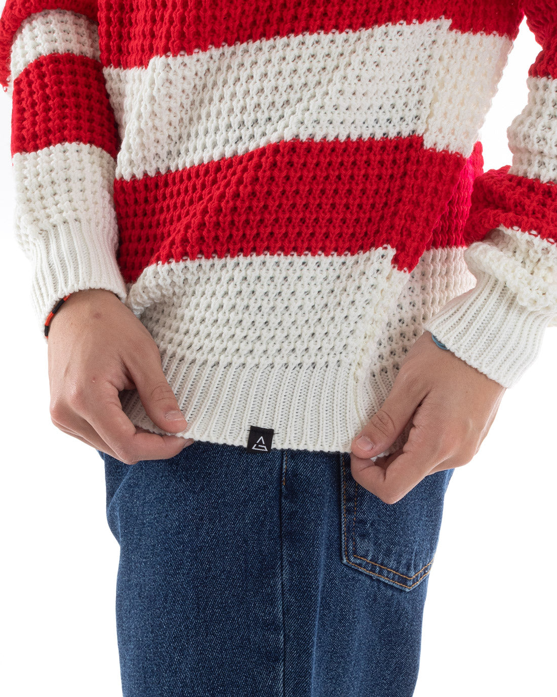 Men's Sweater Striped Pullover Two-Tone Crew Neck Red White GIOSAL-M2609A