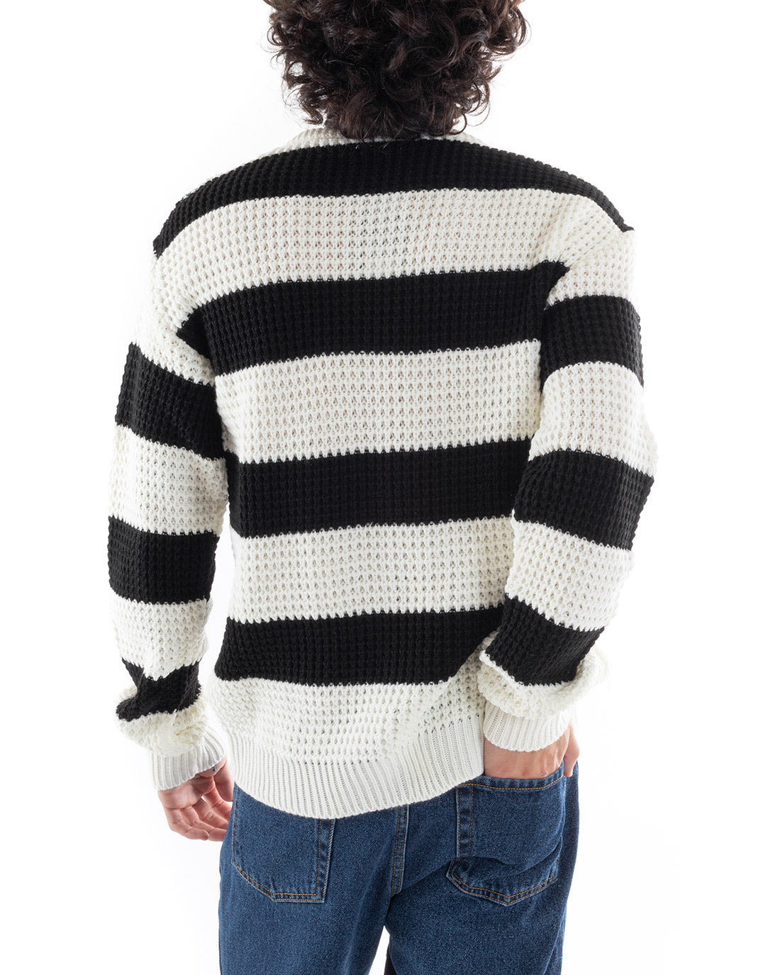 Men's Sweater Knitted Pullover Striped Two-Tone Round Neck Black White GIOSAL-M2610A