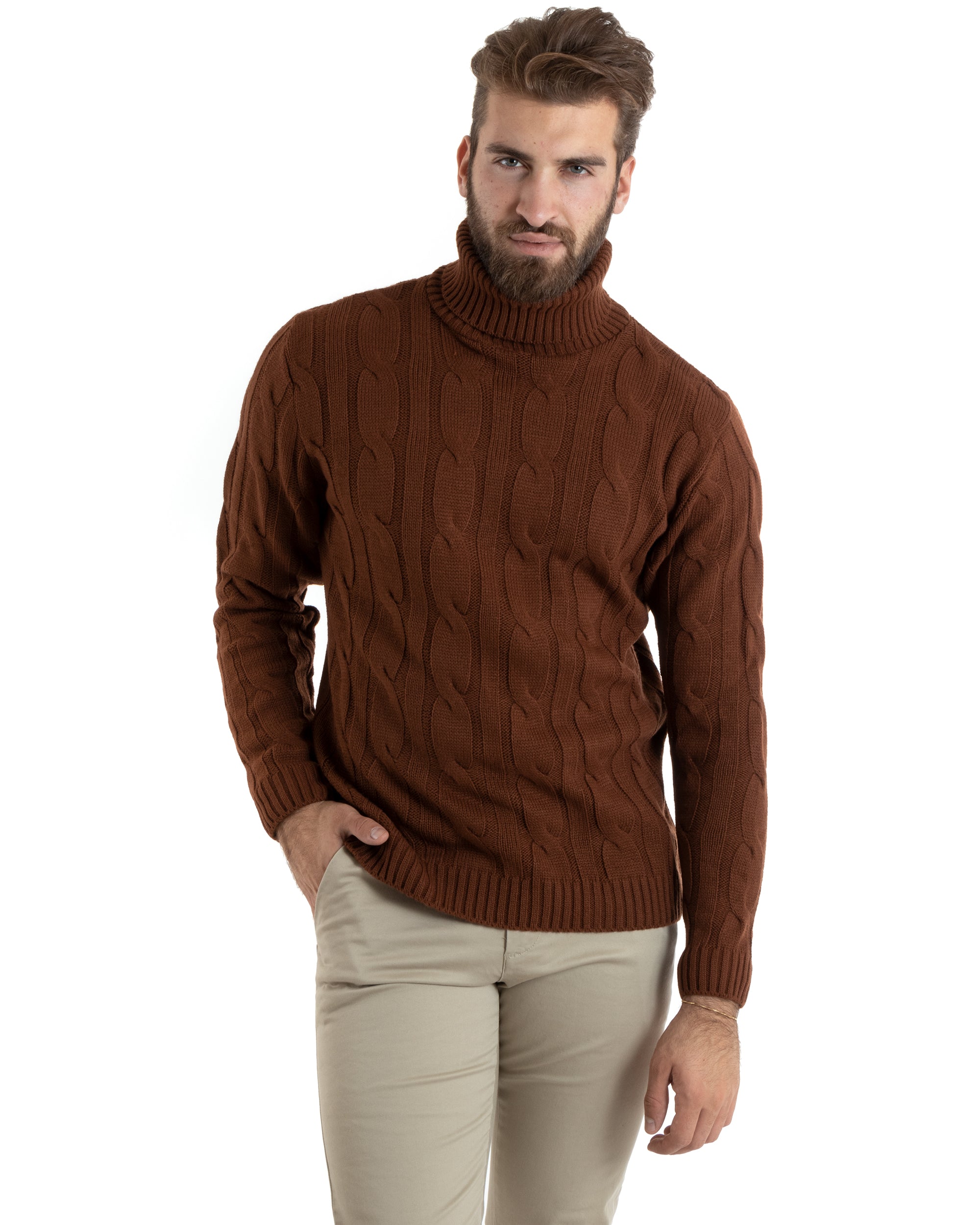 Men's Pullover Sweater Solid Color Brown Aqua Round Neck Paul Barrell GIOSAL-M2613A
