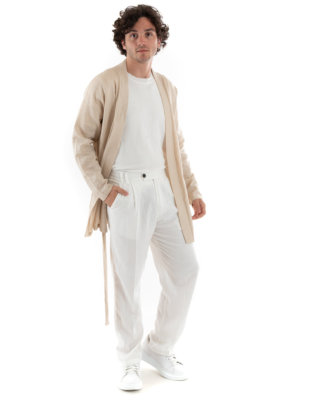 Men's Cardigan Knitted Linen Kimono Sweater With Belt Solid Color Beige GIOSAL-M2661A