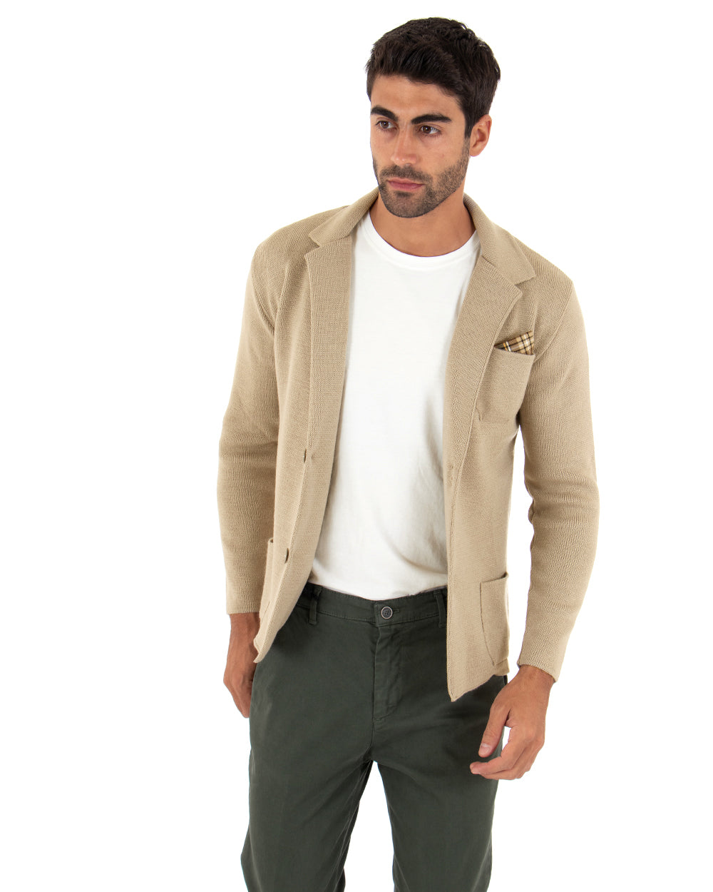 Cardigan uomo giacca con bottoni maglia pochette invernale casual beige GIOSAL-M2667A