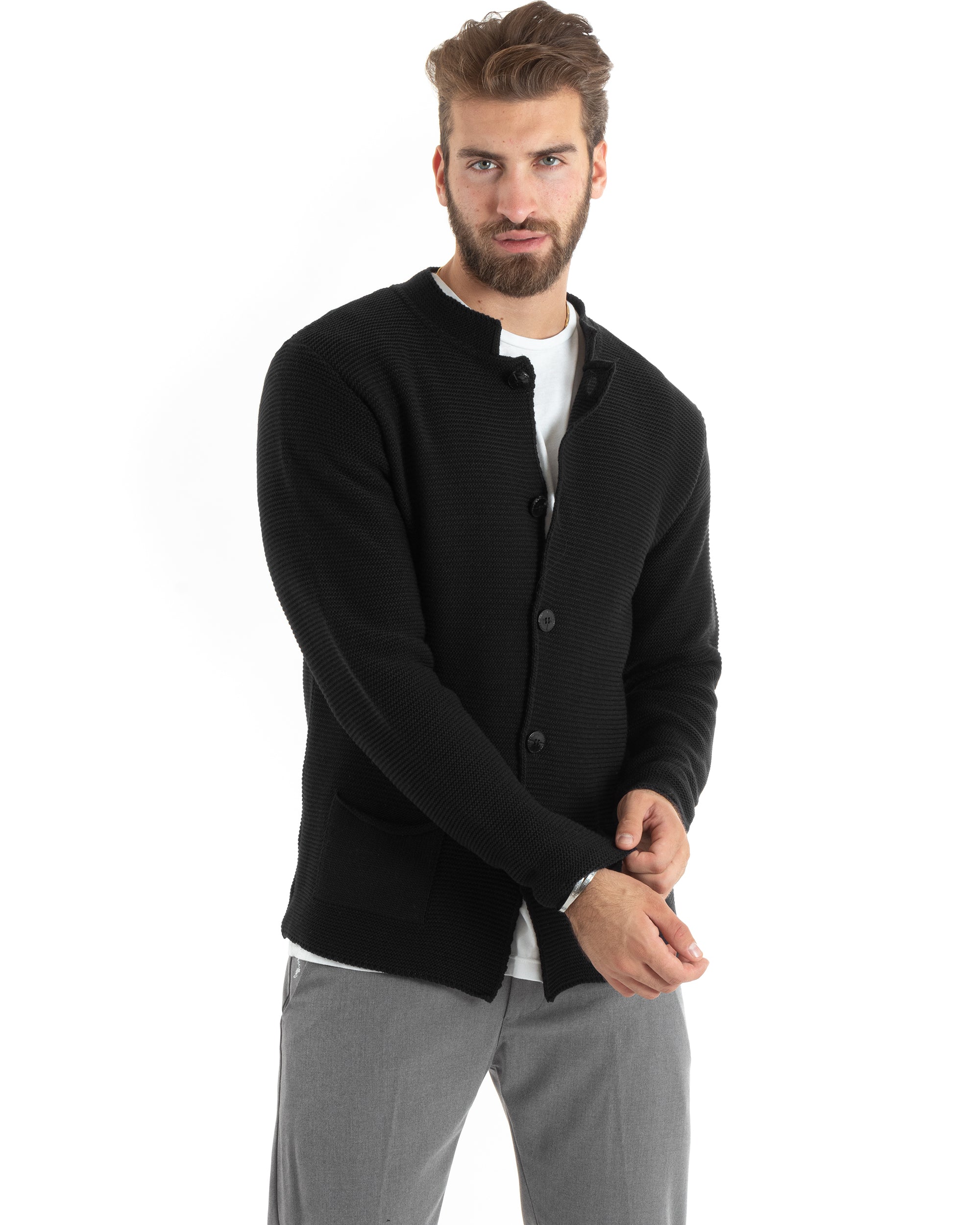 Men's Cardigan Korean Collar Single-breasted Sweater Knitted Jacket With Buttons Casual Black GIOSAL-M2669A