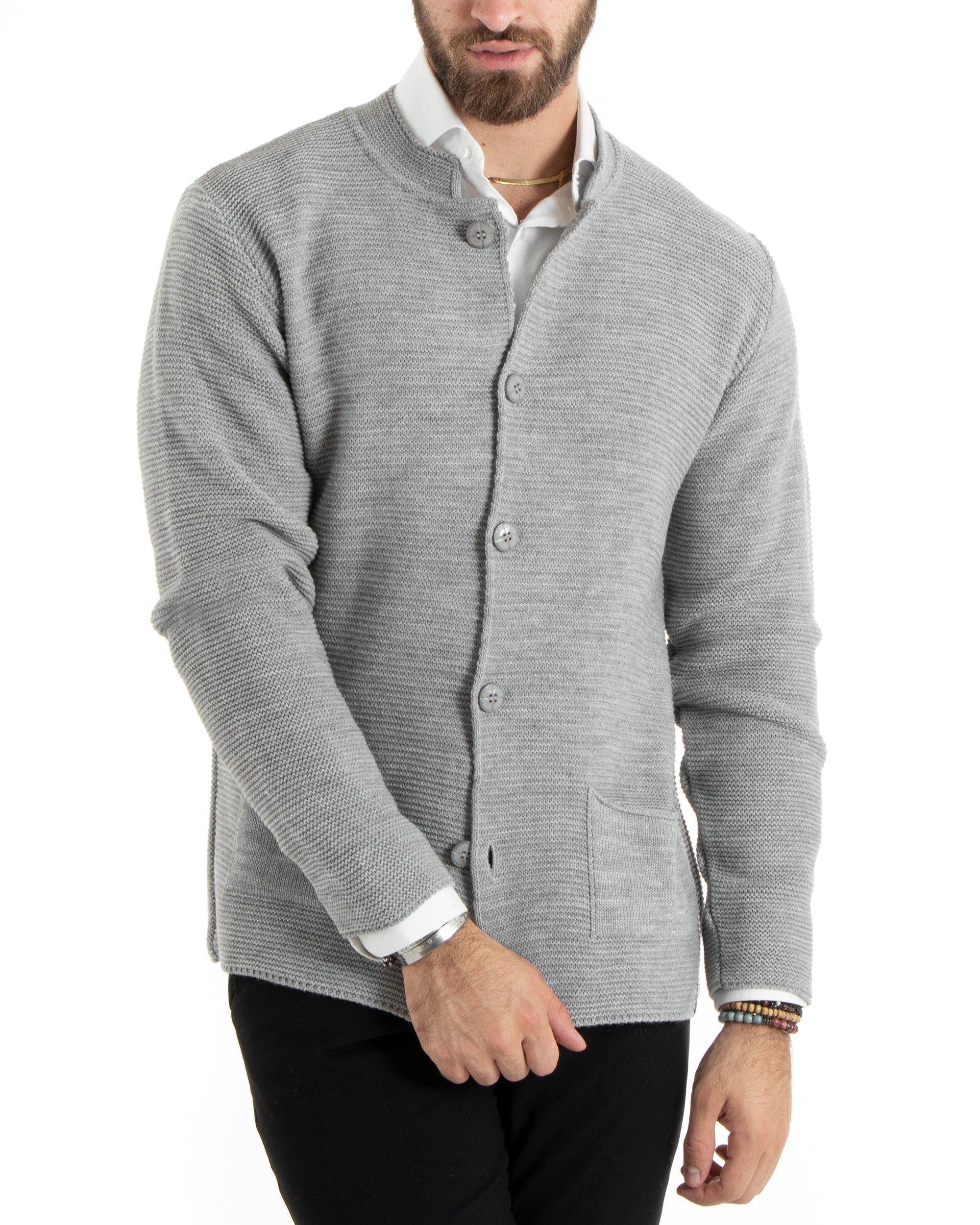 Cardigan Uomo Collo Coreano Maglioncino Monopetto Maglia Giacca Con Bottoni Grigio Casual GIOSAL M2671A