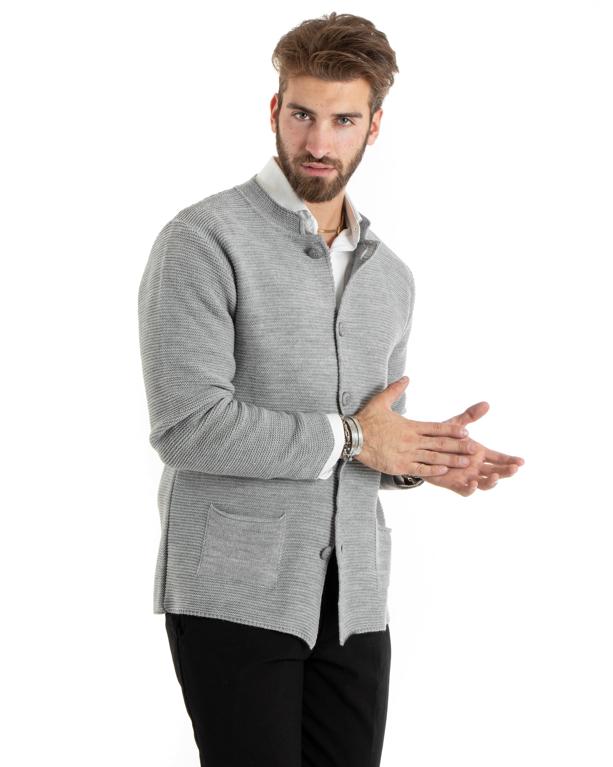 Men's Cardigan Korean Collar Single-breasted Sweater Knitted Jacket With Buttons Gray Casual GIOSAL-M2671A