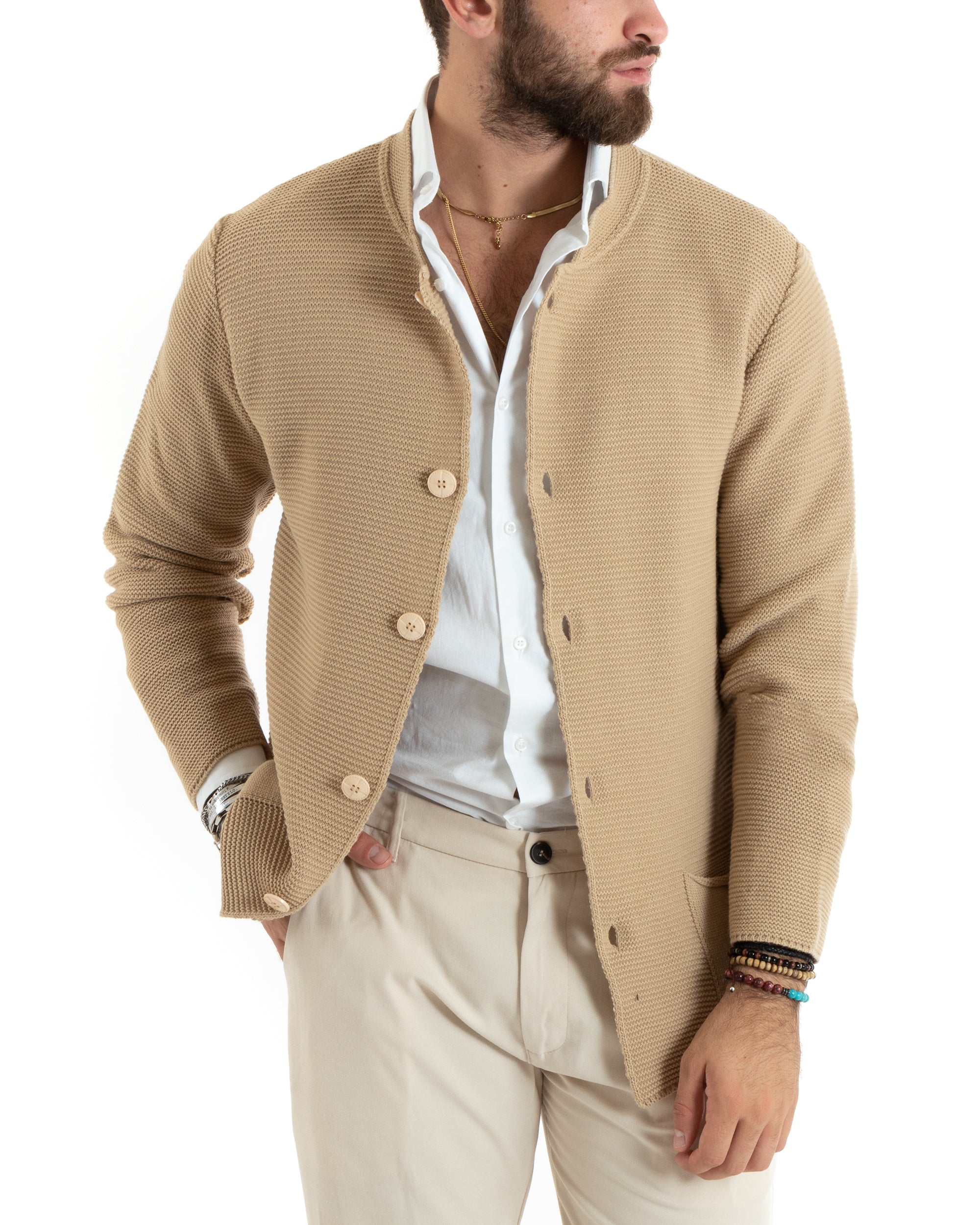 Men's Cardigan Korean Collar Single-breasted Sweater Knitted Jacket With Buttons Beige Casual GIOSAL-M2672A