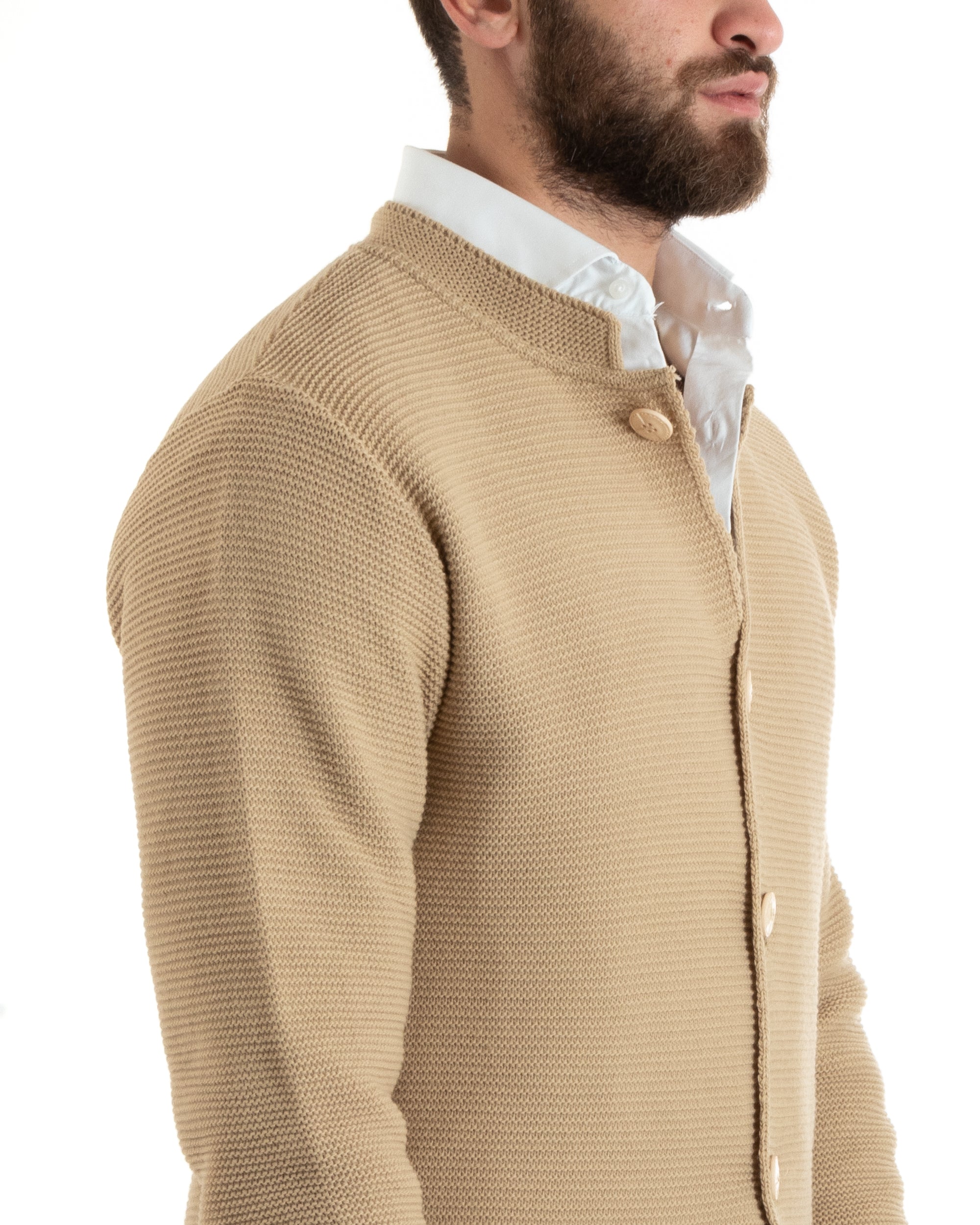 Men's Cardigan Korean Collar Single-breasted Sweater Knitted Jacket With Buttons Beige Casual GIOSAL-M2672A