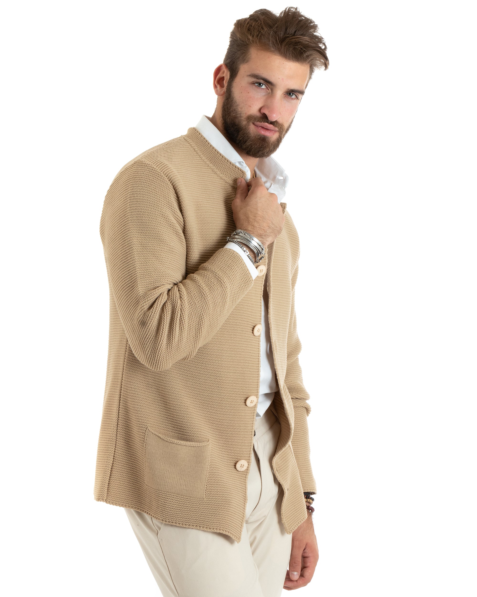 Men's Cardigan Korean Collar Single-breasted Sweater Knitted Jacket With Buttons Beige Casual GIOSAL-M2672A