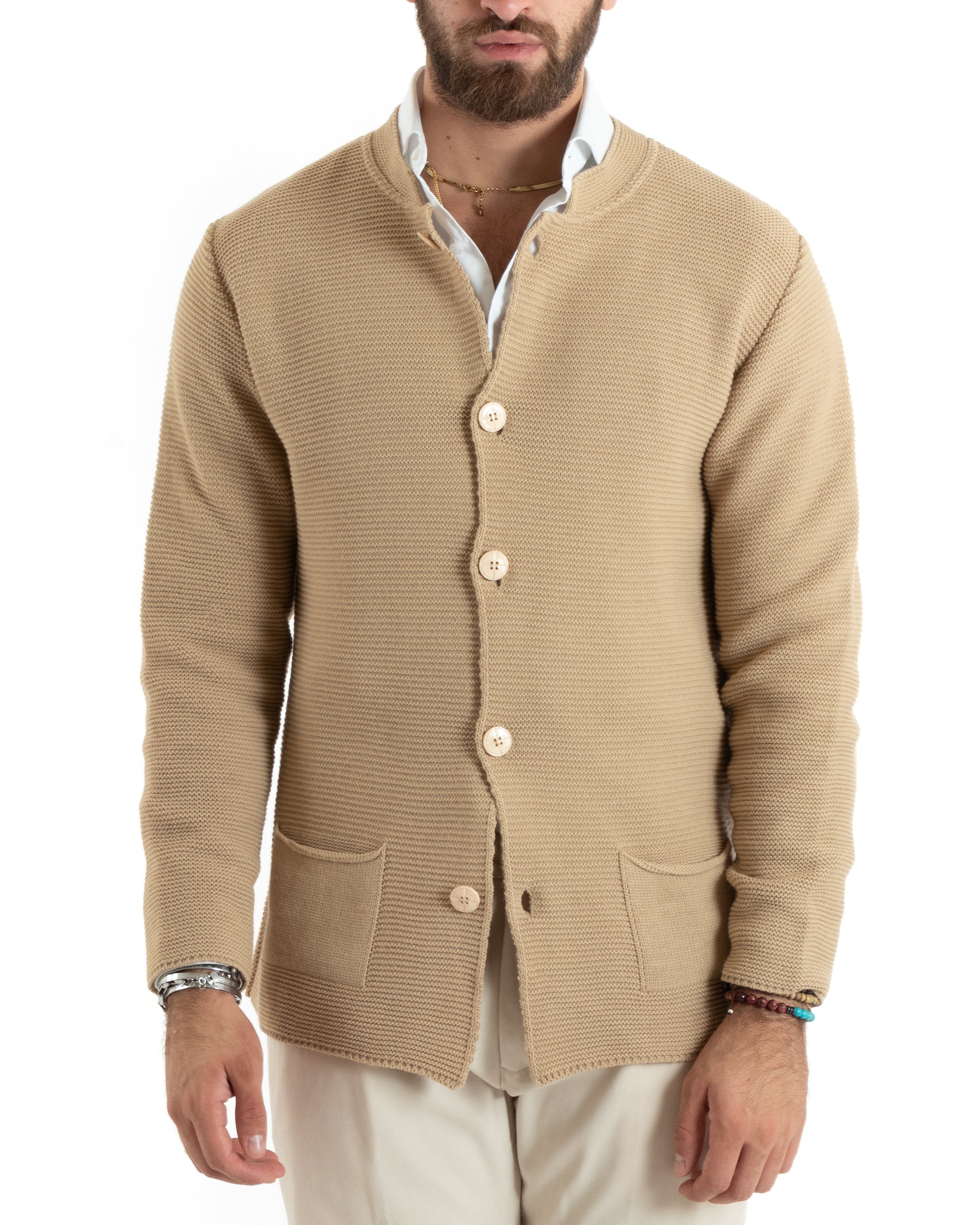 Men's cardigan in ecru wool with jacquard design | Golden Goose