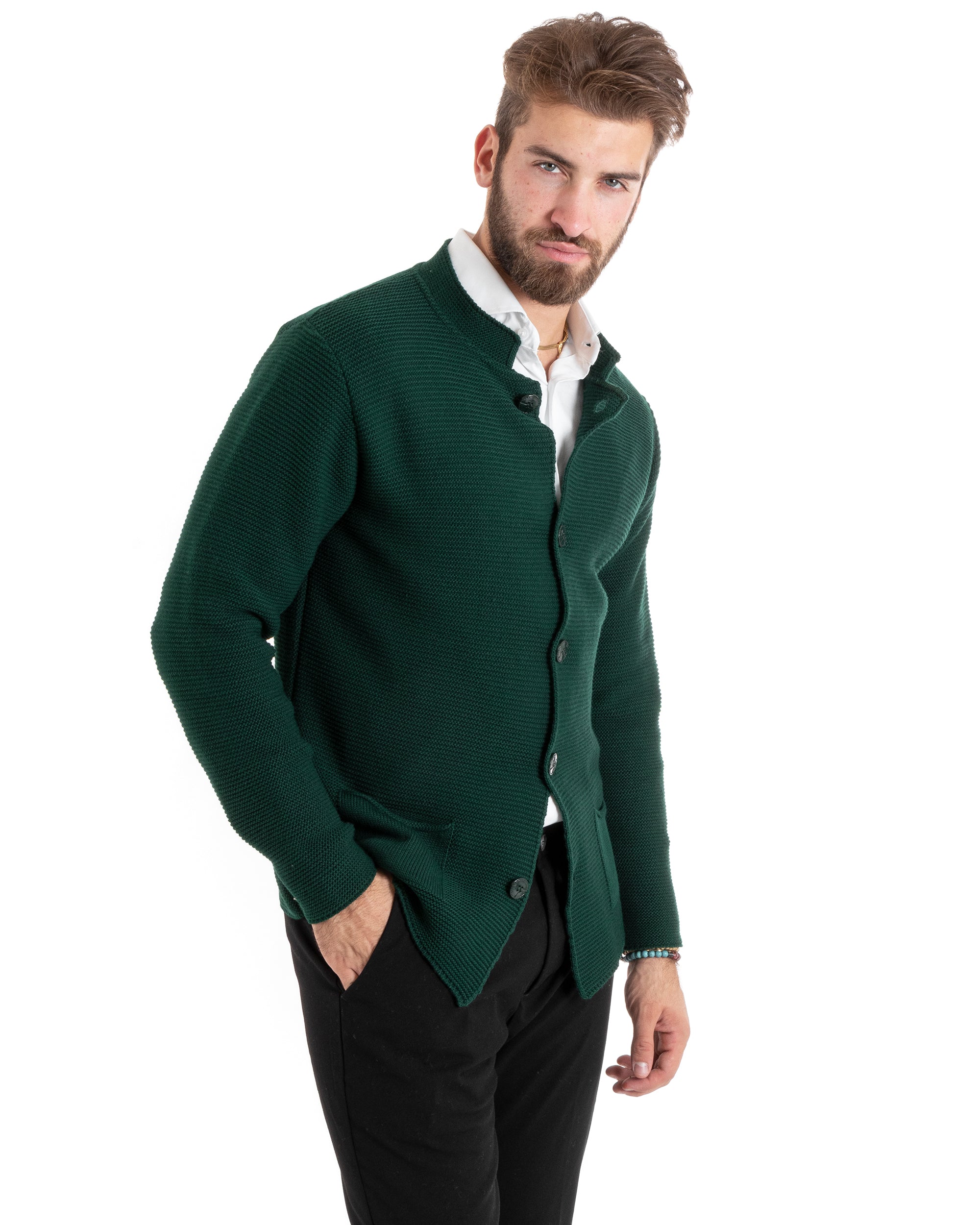 Men's Cardigan Korean Collar Single-breasted Sweater Knitted Jacket With Buttons Casual Green GIOSAL-M2673A