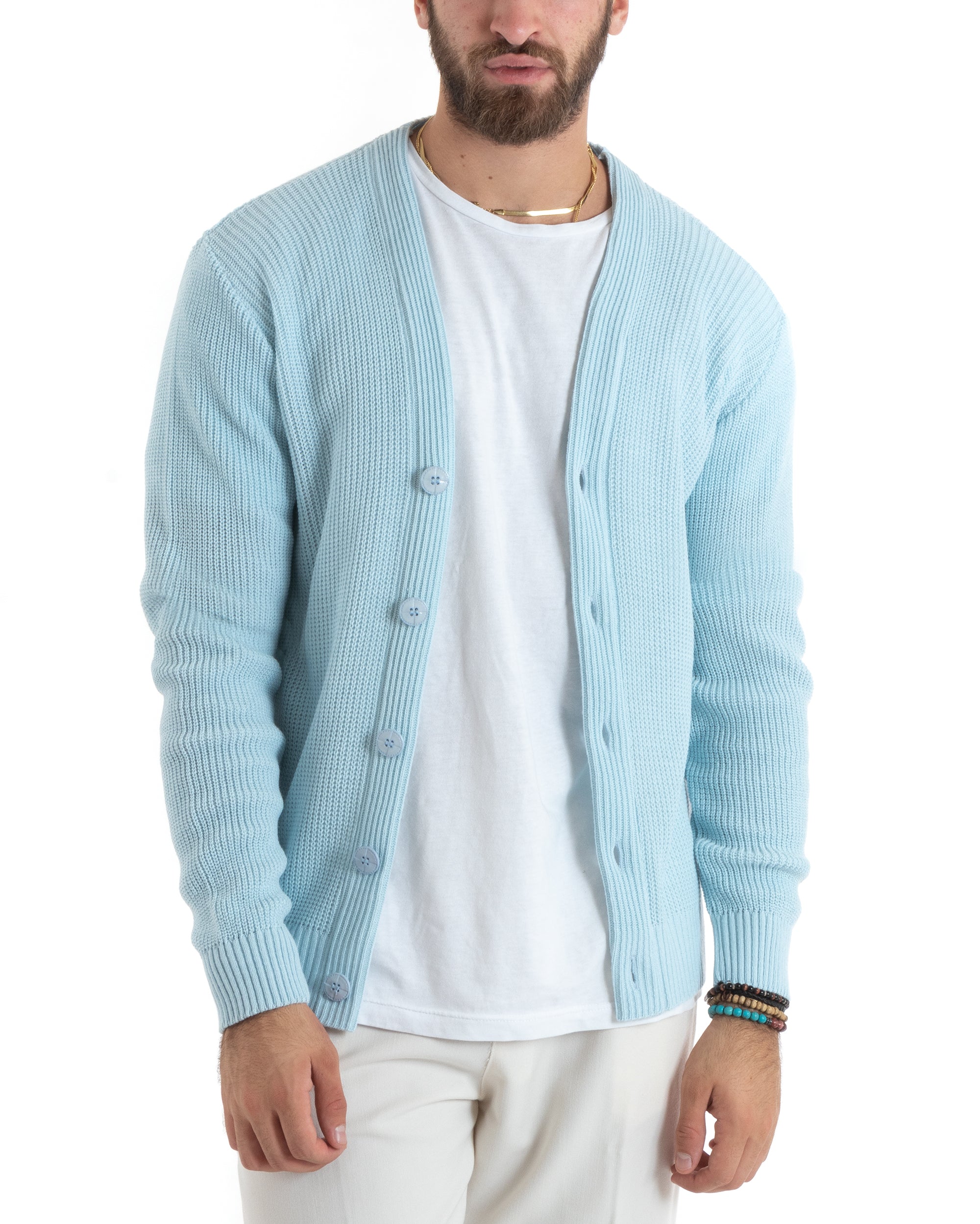 Cardigan Uomo Giacca Con Bottoni Maglioncino Scollo V Maglia Inglese Celeste GIOSAL-M2674A