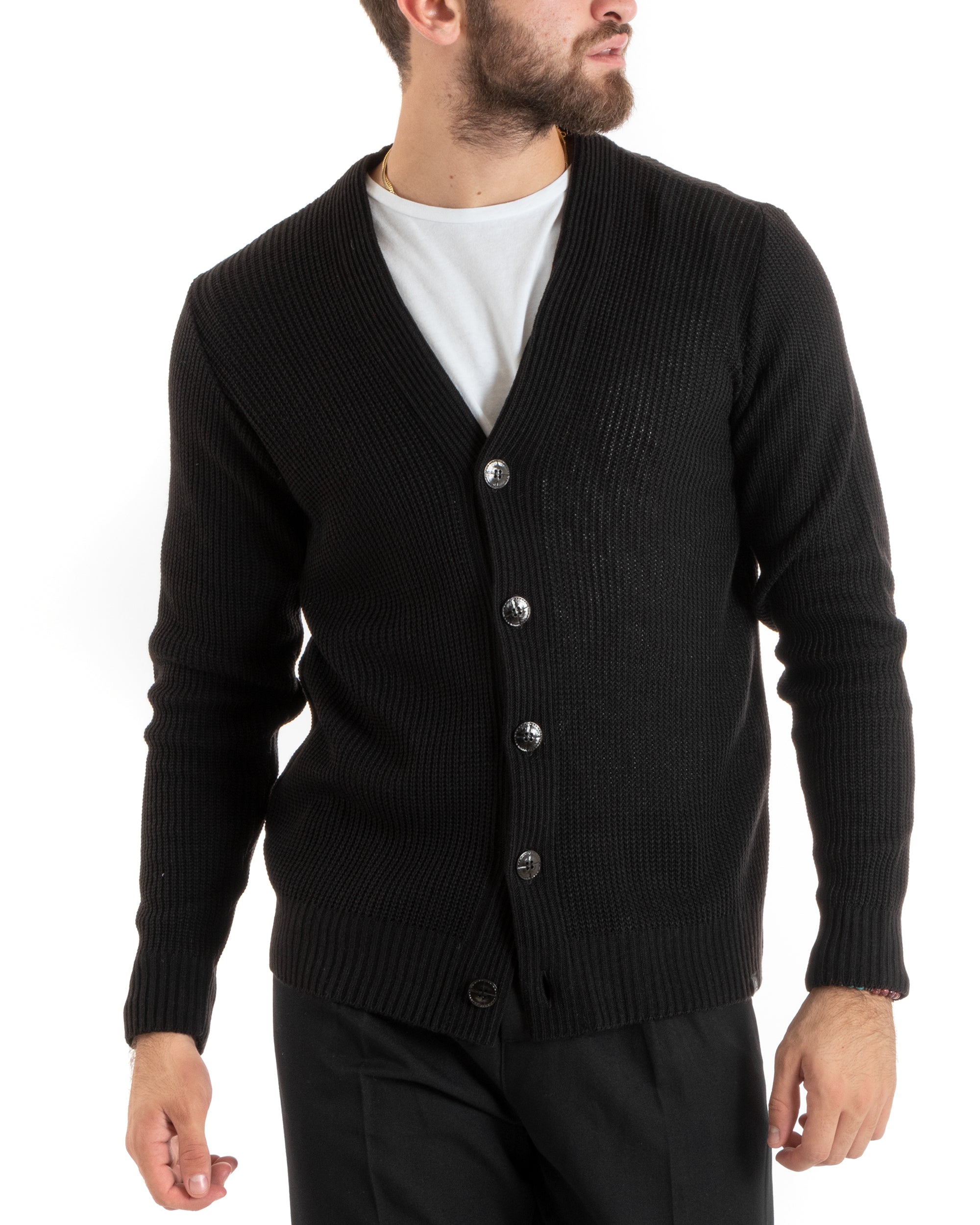 Men's Cardigan Jacket With Buttons V-Neck Sweater English Knit Black GIOSAL-M2675A