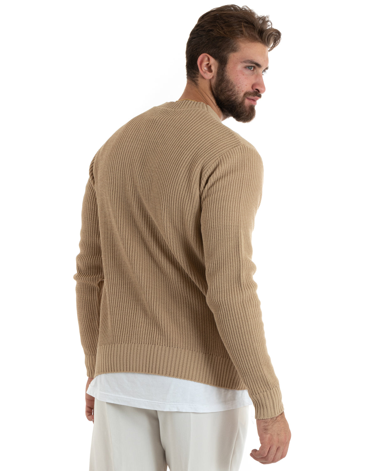 Herren-Cardigan mit Knöpfen, V-Ausschnitt, englischer Strick, Beige, GIOSAL-M2677A