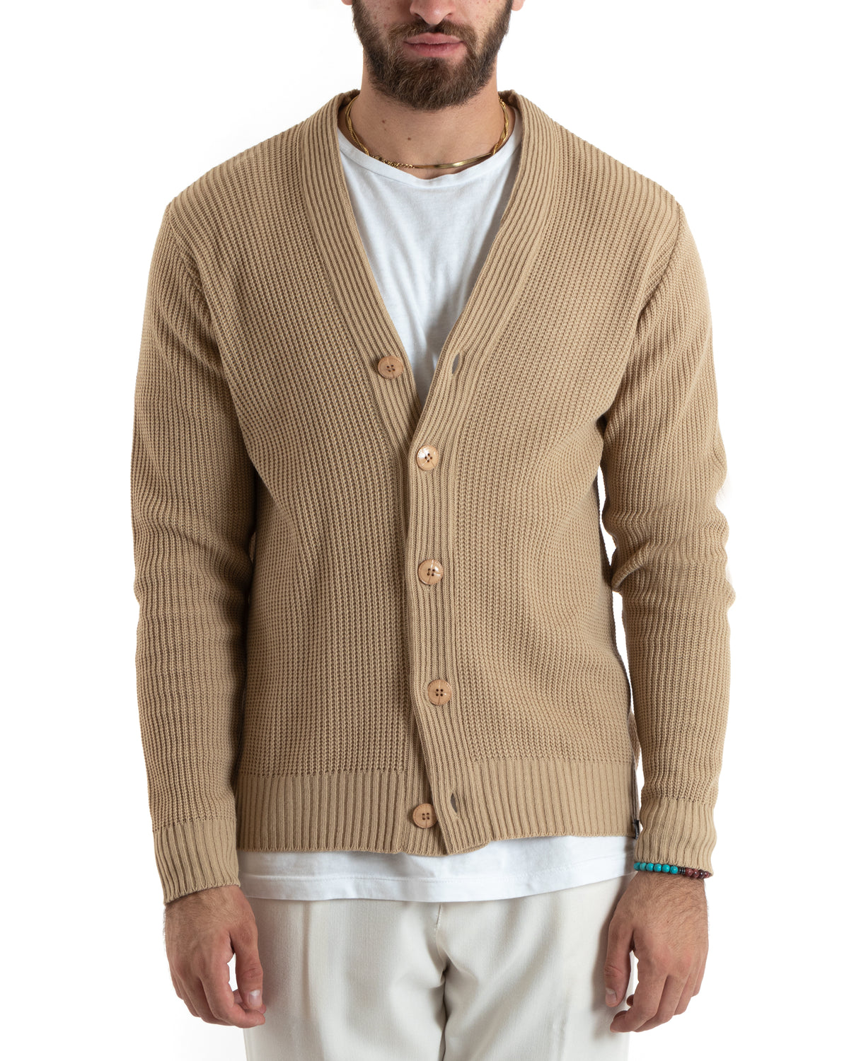 Herren-Cardigan mit Knöpfen, V-Ausschnitt, englischer Strick, Beige, GIOSAL-M2677A