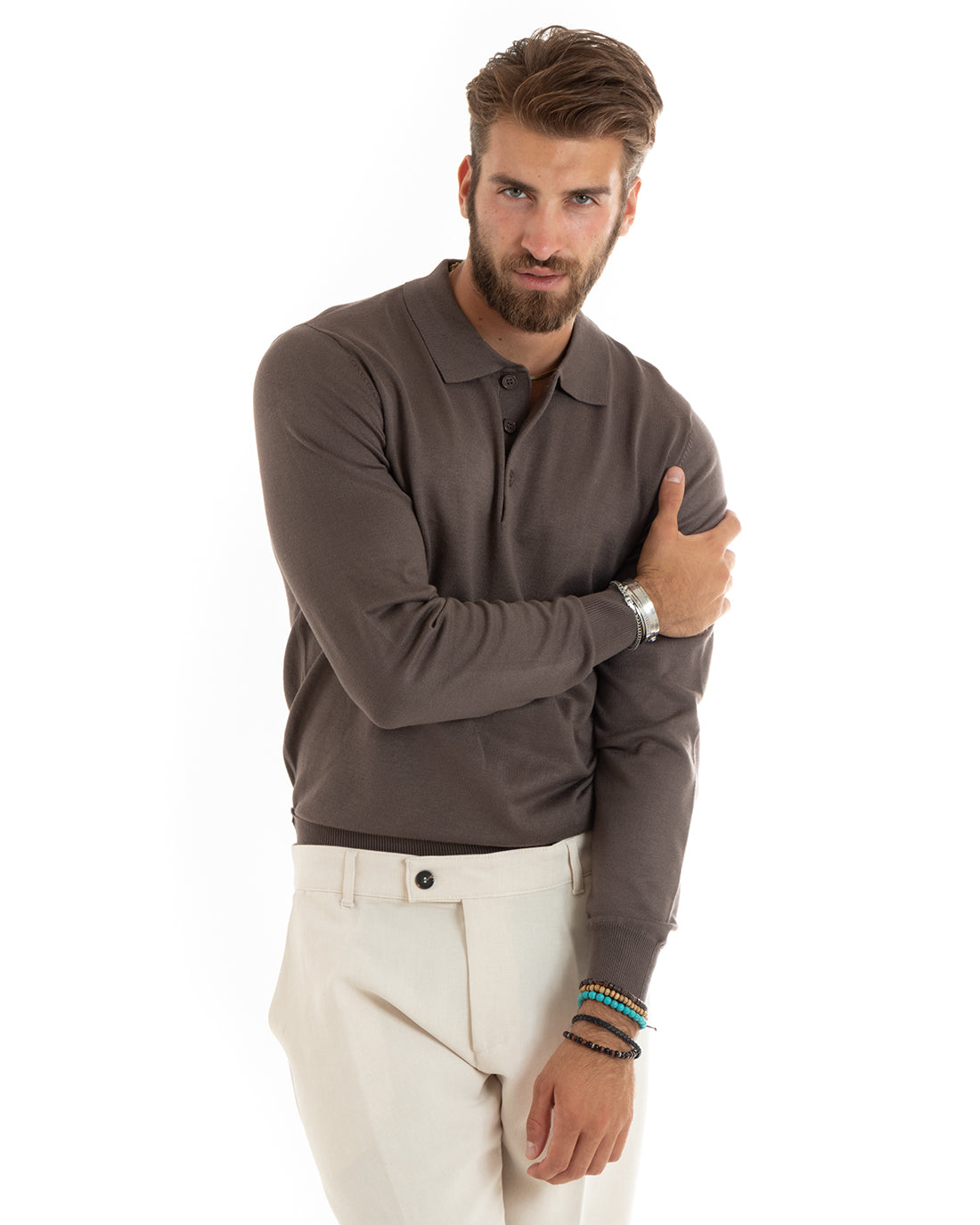 Maglioncino Uomo Casual Maglia Con Colletto Polo Tinta Unita Basic Marrone GIOSAL-M2684A