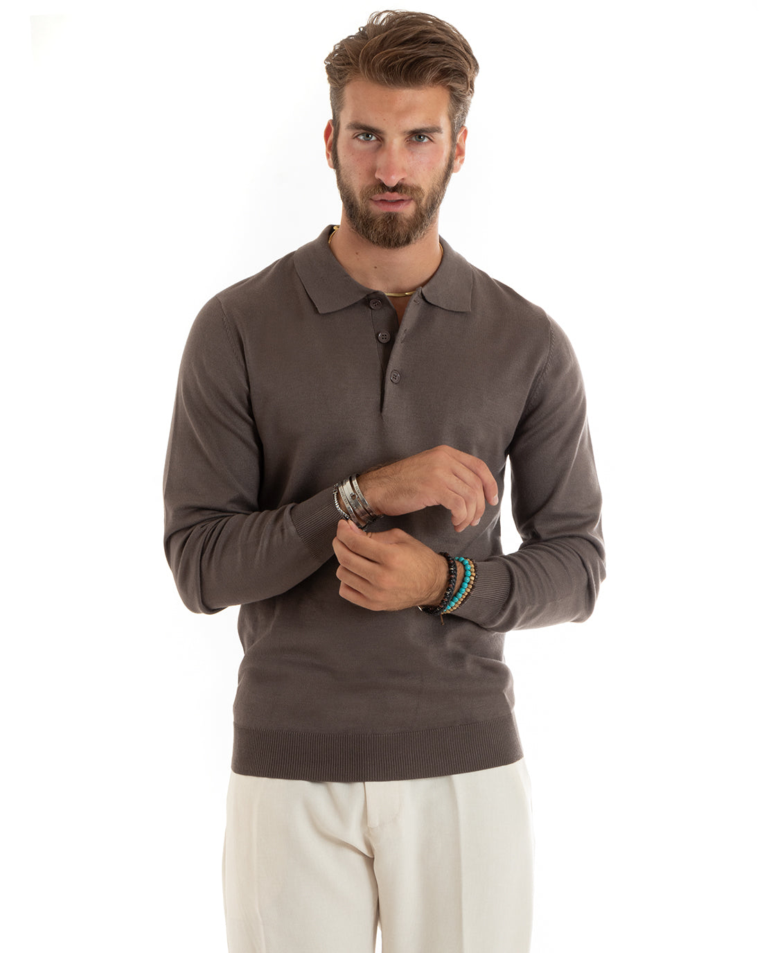 Maglioncino Uomo Casual Maglia Con Colletto Polo Tinta Unita Basic Marrone GIOSAL-M2684A