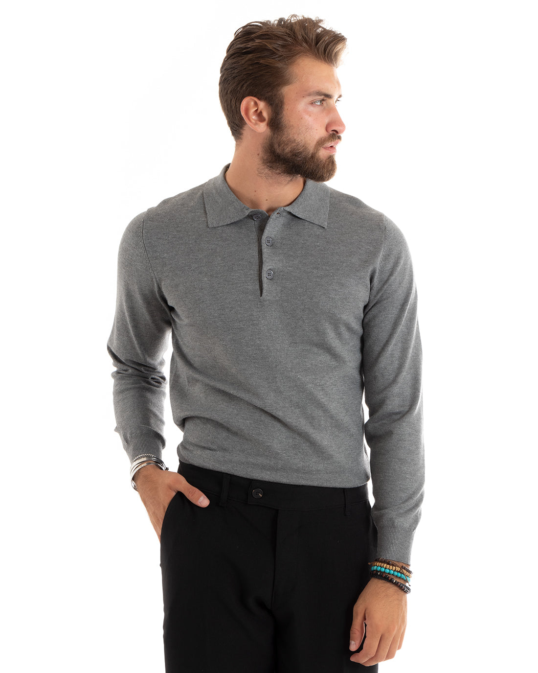 Men's Casual Sweater with Collar Basic Polo Dark Grey M2684A