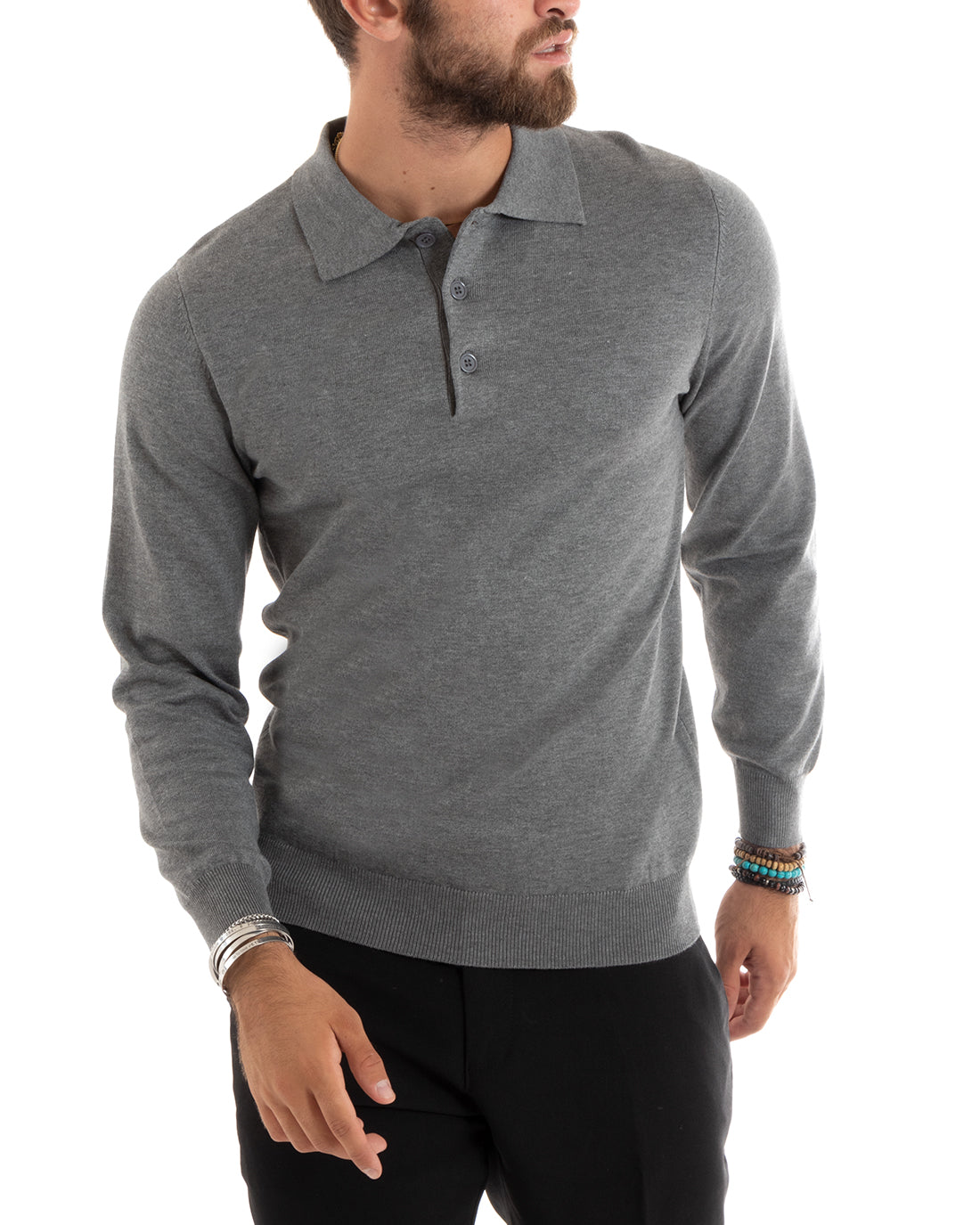 Maglioncino Uomo Casual Maglia Con Colletto Polo Basic Grigio Scuro M2684A
