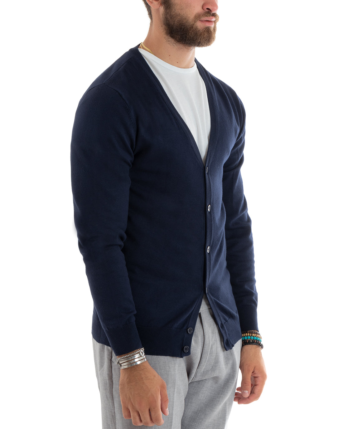 Cardigan Uomo Giacca Con Bottoni Maglioncino Scollo V Maglia Sottile Basic Blu GIOSAL-M2688A