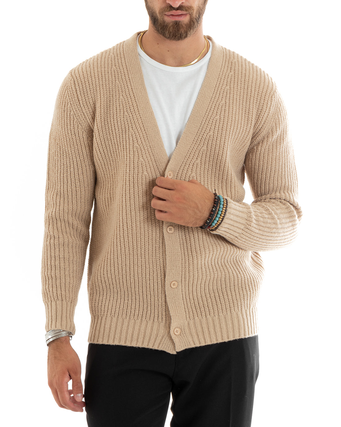 Cardigan Uomo Giacca Con Bottoni Maglioncino Scollo V Maglia Inglese Beige GIOSAL-M2693A