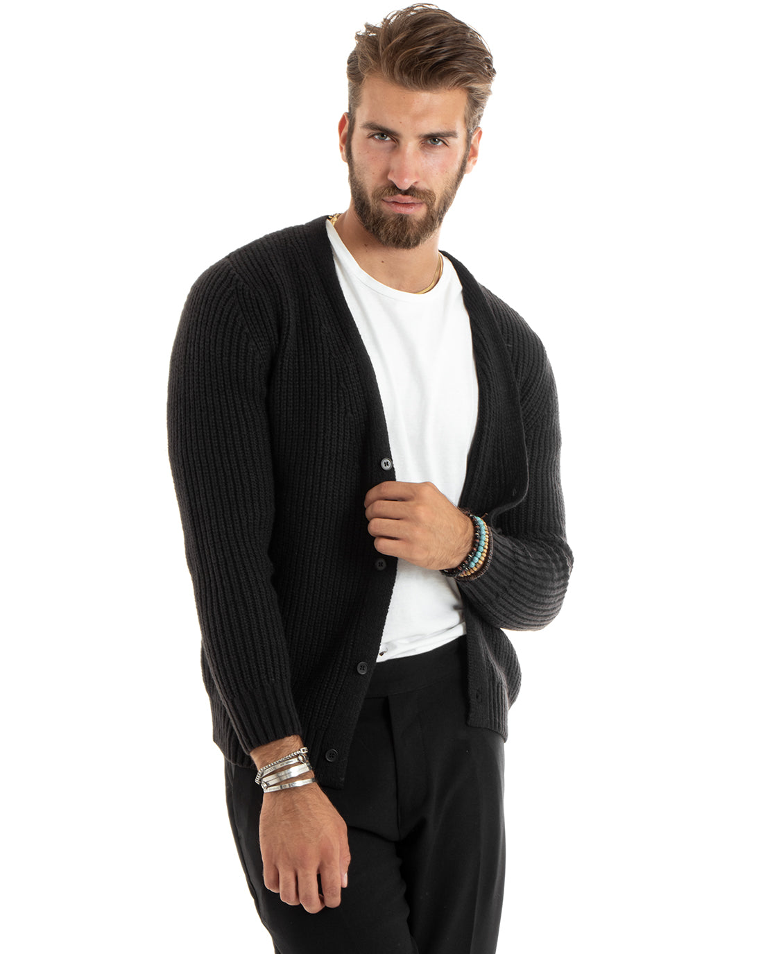 Men's Cardigan Jacket With Buttons V-Neck Sweater English Knit Petrol GIOSAL-M2678A