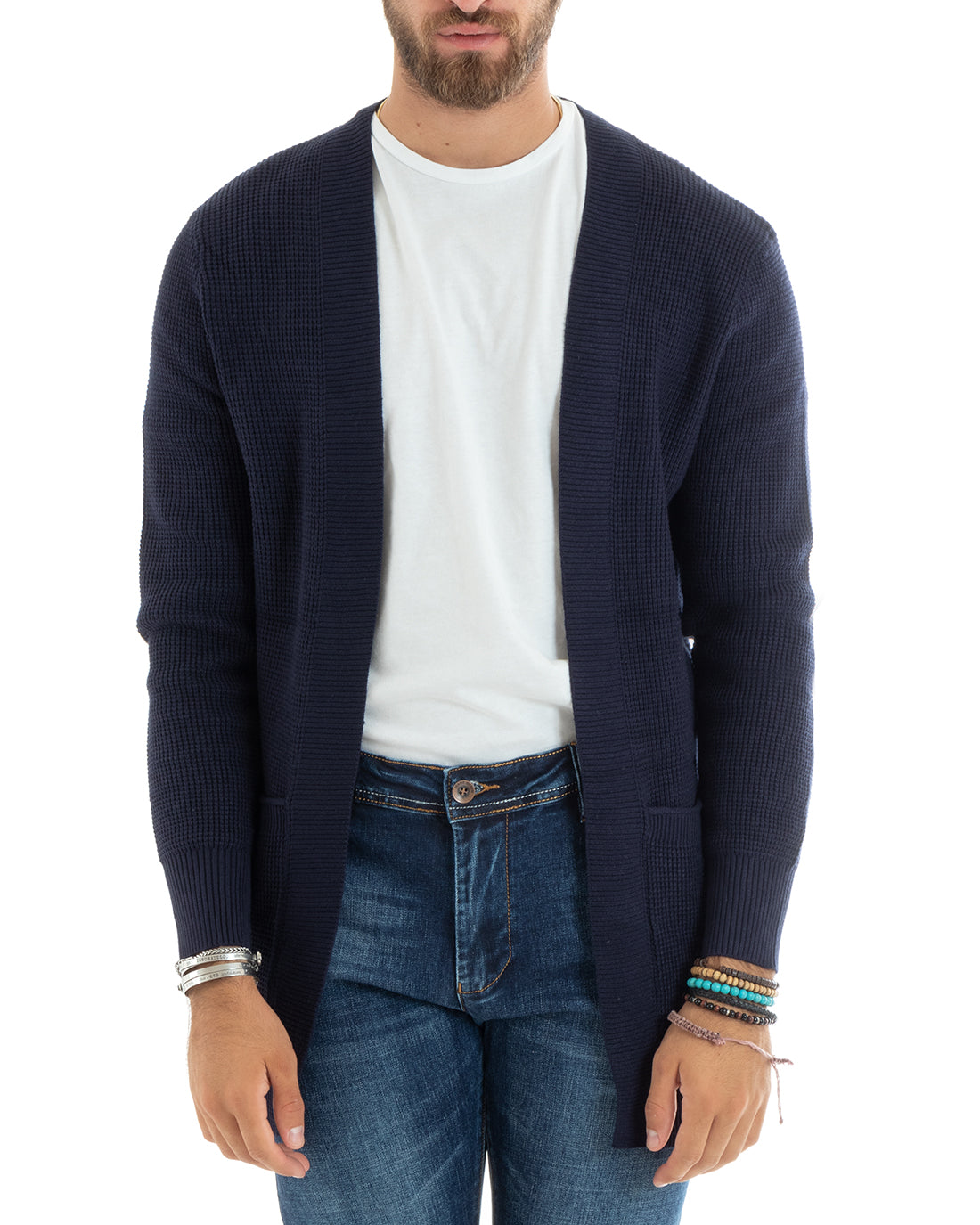 Cardigan Uomo Giacca Senza Bottoni Maglioncino Lungo Kimono Blu GIOSAL-M2701A
