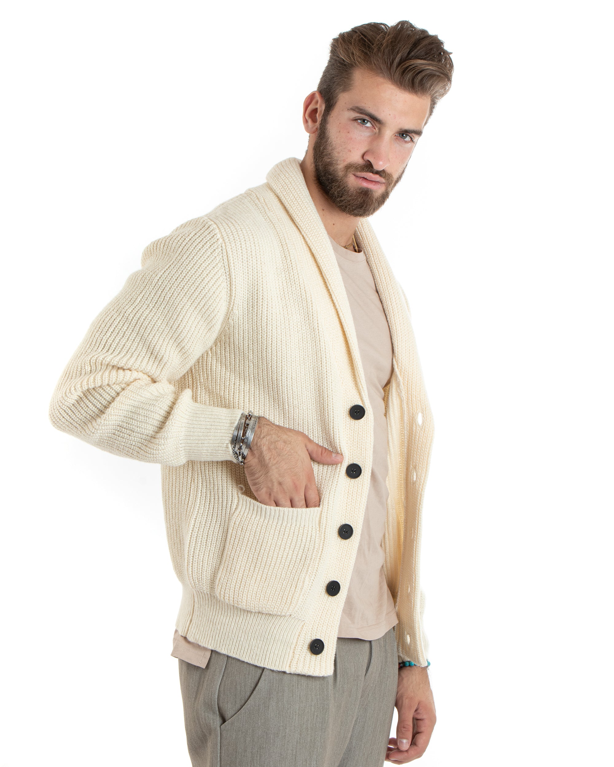 Cardigan Uomo Giacca Con Bottoni Maglia Con Tasche A Toppa Maglioncino Collo A Scialle Casual Panna GIOSAL-M2735A