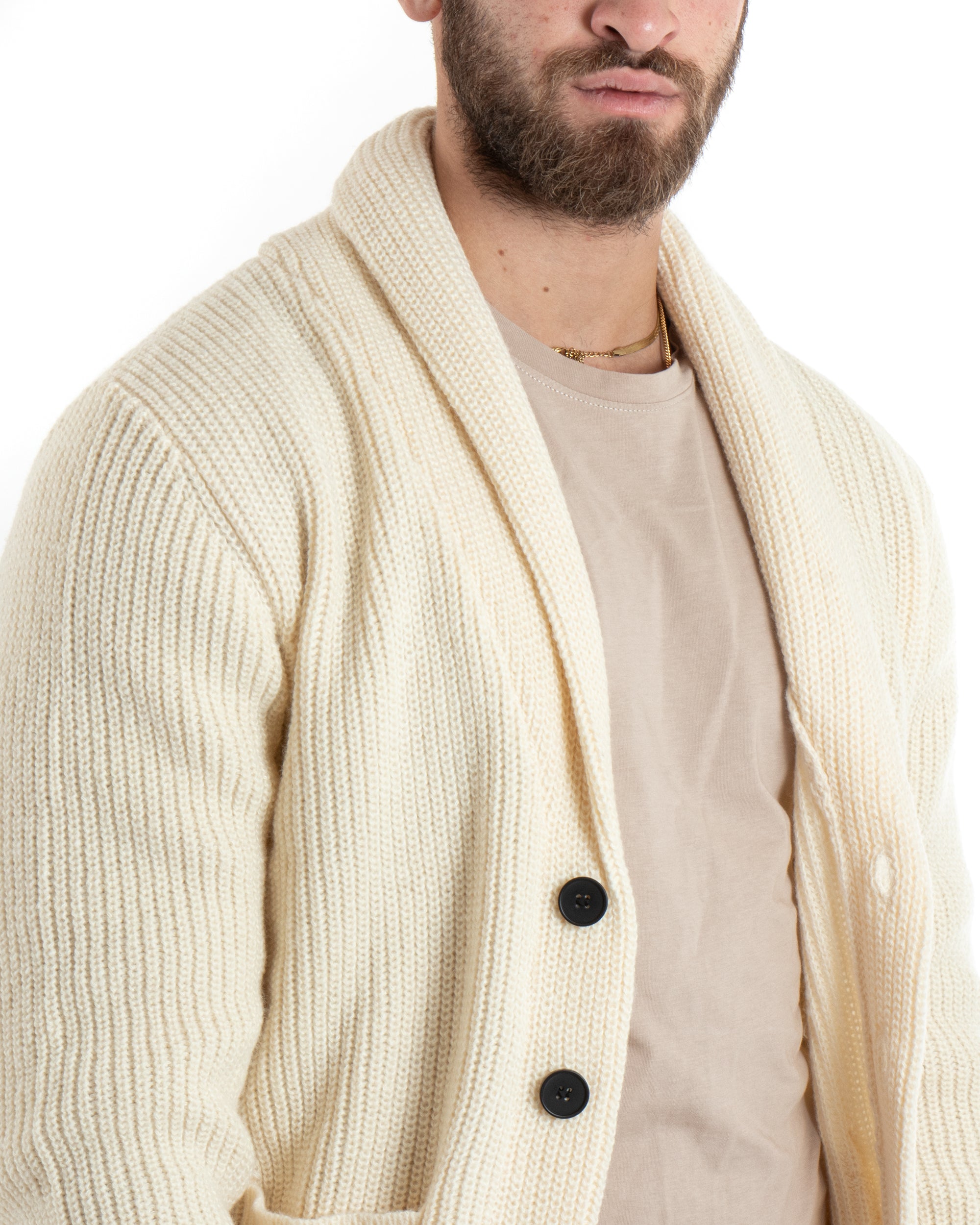 Cardigan Uomo Giacca Con Bottoni Maglia Con Tasche A Toppa Maglioncino Collo A Scialle Casual Panna GIOSAL-M2735A