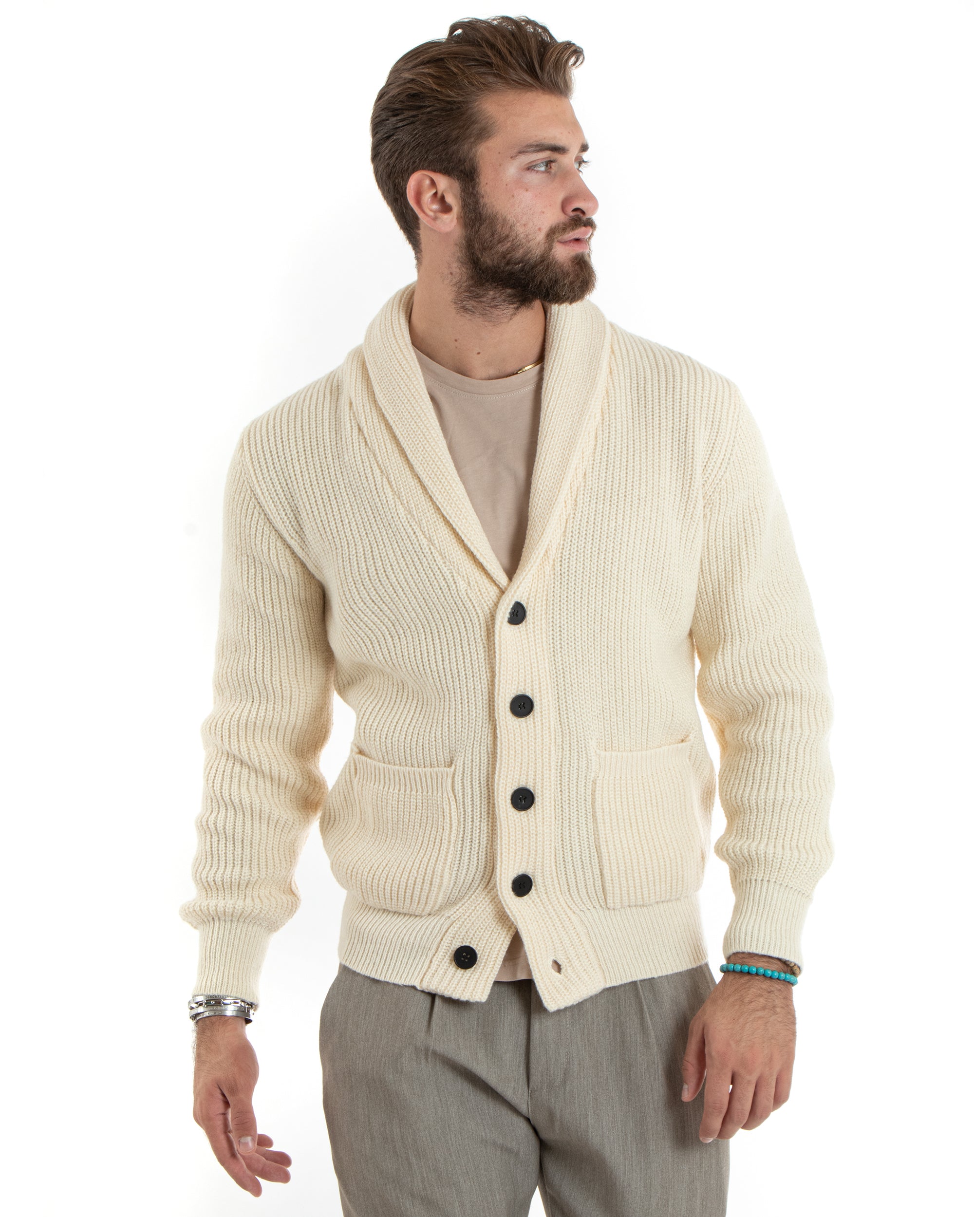 Cardigan Uomo Giacca Con Bottoni Maglia Con Tasche A Toppa Maglioncino Collo A Scialle Casual Panna GIOSAL-M2735A