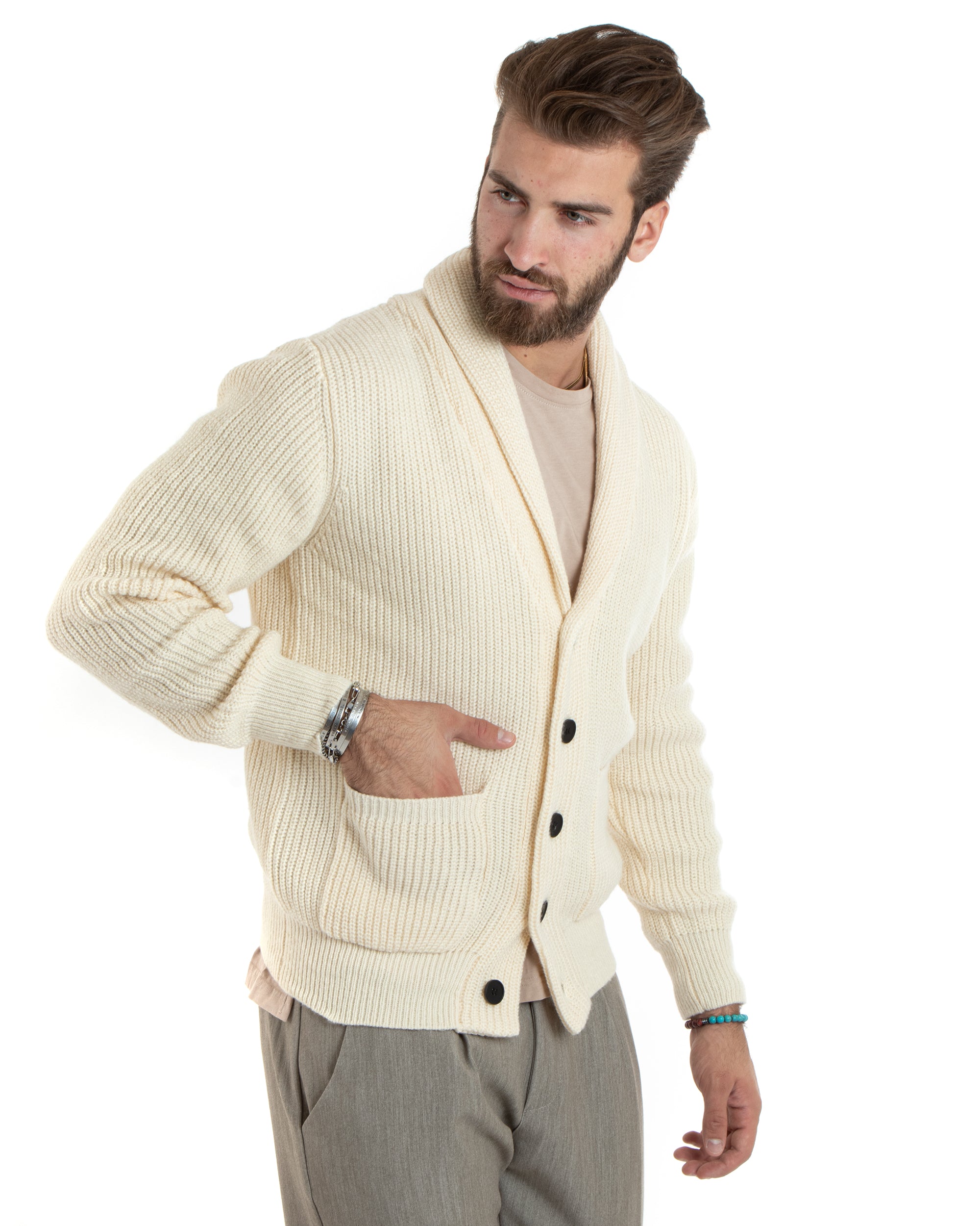 Cardigan Uomo Giacca Con Bottoni Maglia Con Tasche A Toppa Maglioncino Collo A Scialle Casual Panna GIOSAL-M2735A