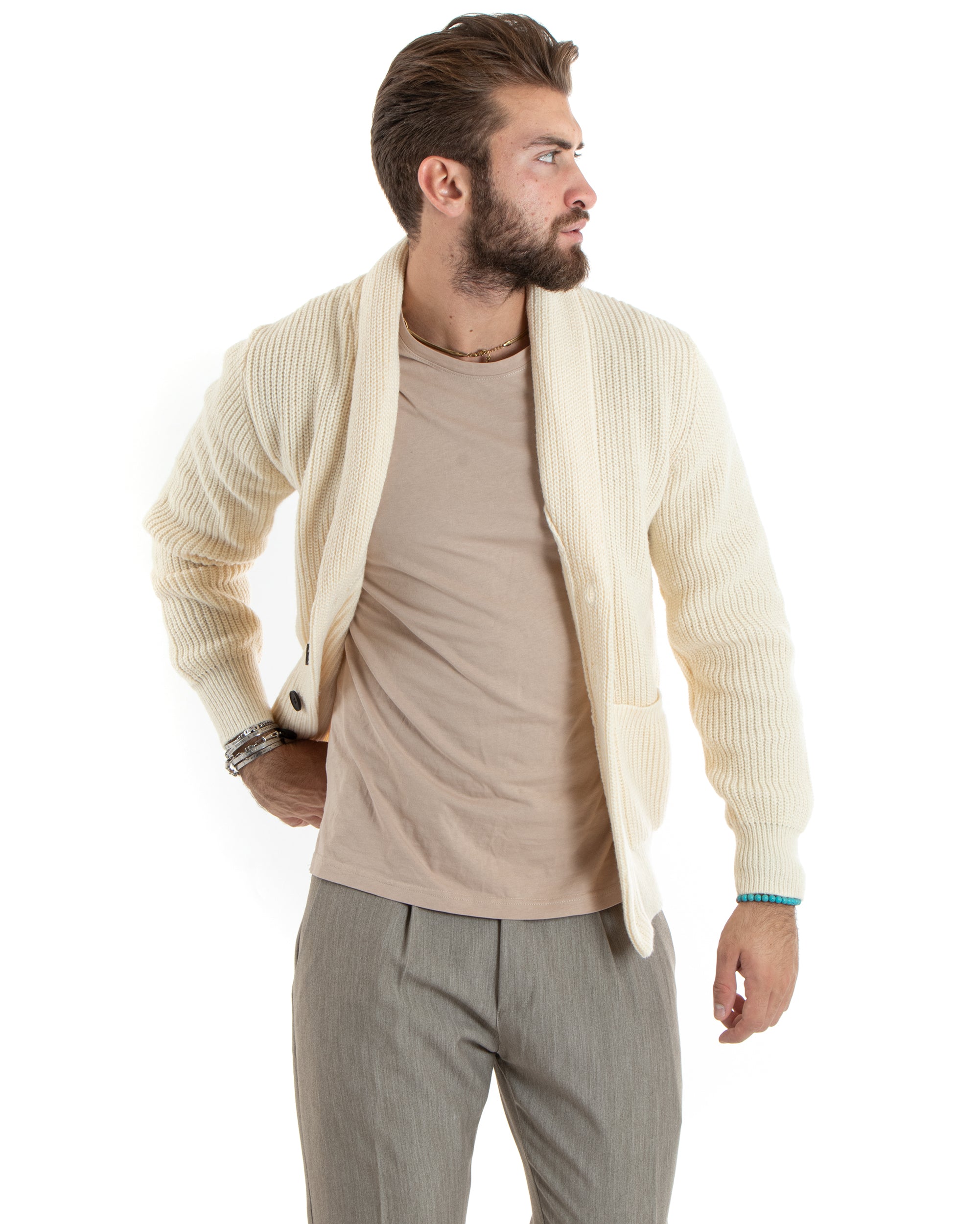 Cardigan Uomo Giacca Con Bottoni Maglia Con Tasche A Toppa Maglioncino Collo A Scialle Casual Panna GIOSAL-M2735A