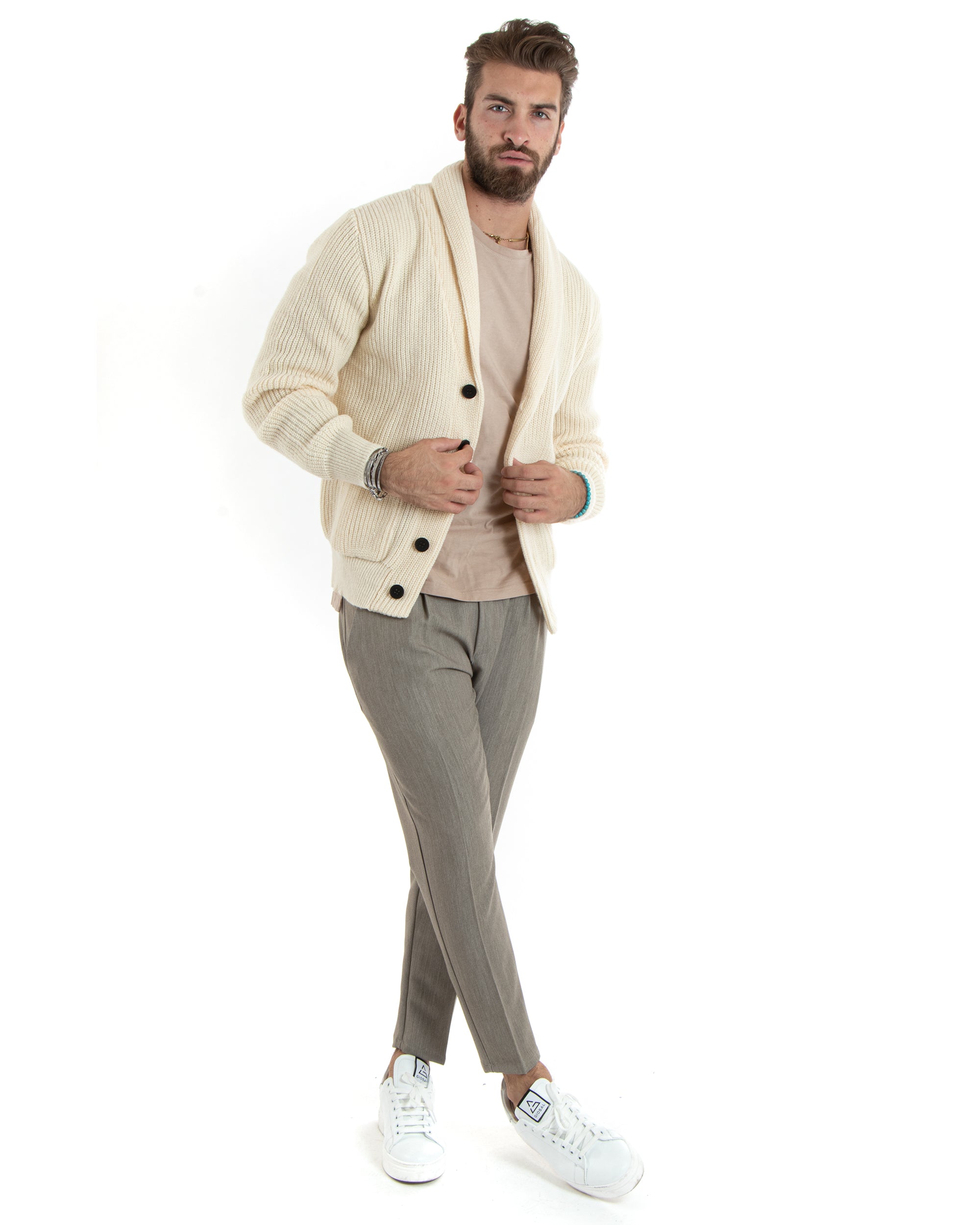 Cardigan Uomo Giacca Con Bottoni Maglia Con Tasche A Toppa Maglioncino Collo A Scialle Casual Panna GIOSAL-M2735A