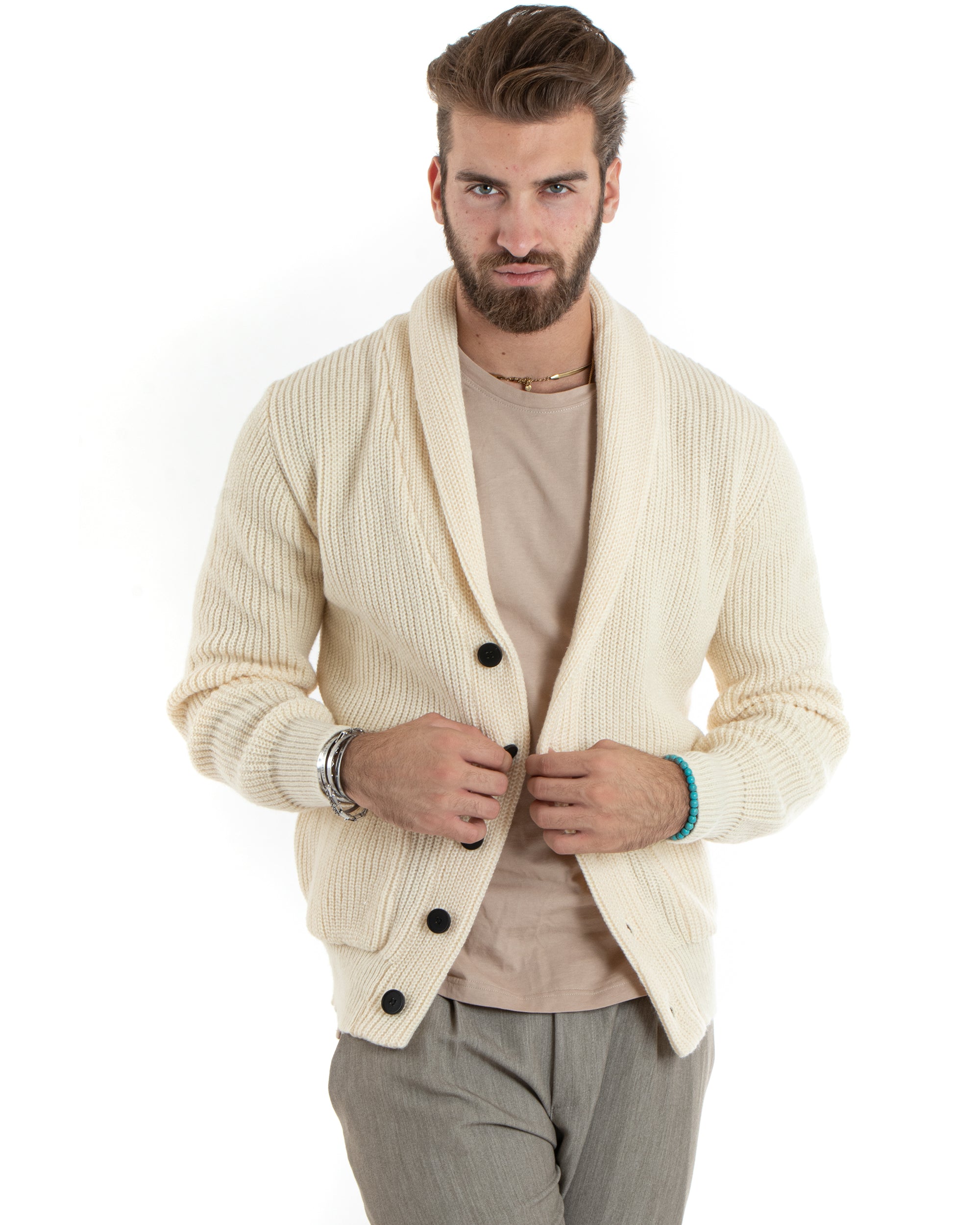 Cardigan Uomo Giacca Con Bottoni Maglia Con Tasche A Toppa Maglioncino Collo A Scialle Casual Panna GIOSAL-M2735A