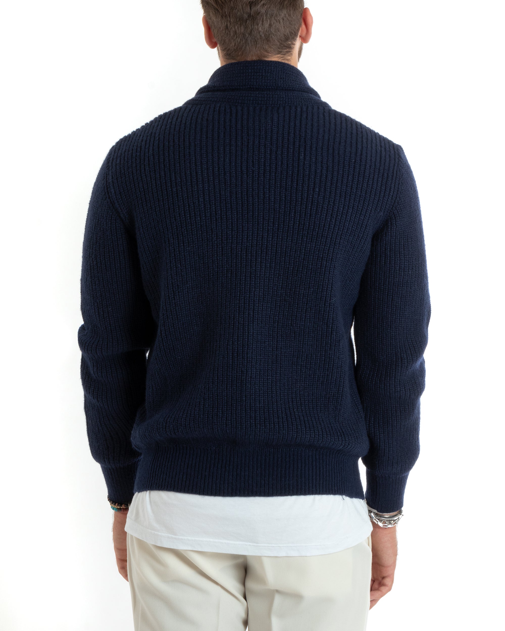 Cardigan Uomo Giacca Con Bottoni Maglia Con Tasche A Toppa Maglioncino Collo A Scialle Casual Blu GIOSAL-M2736A