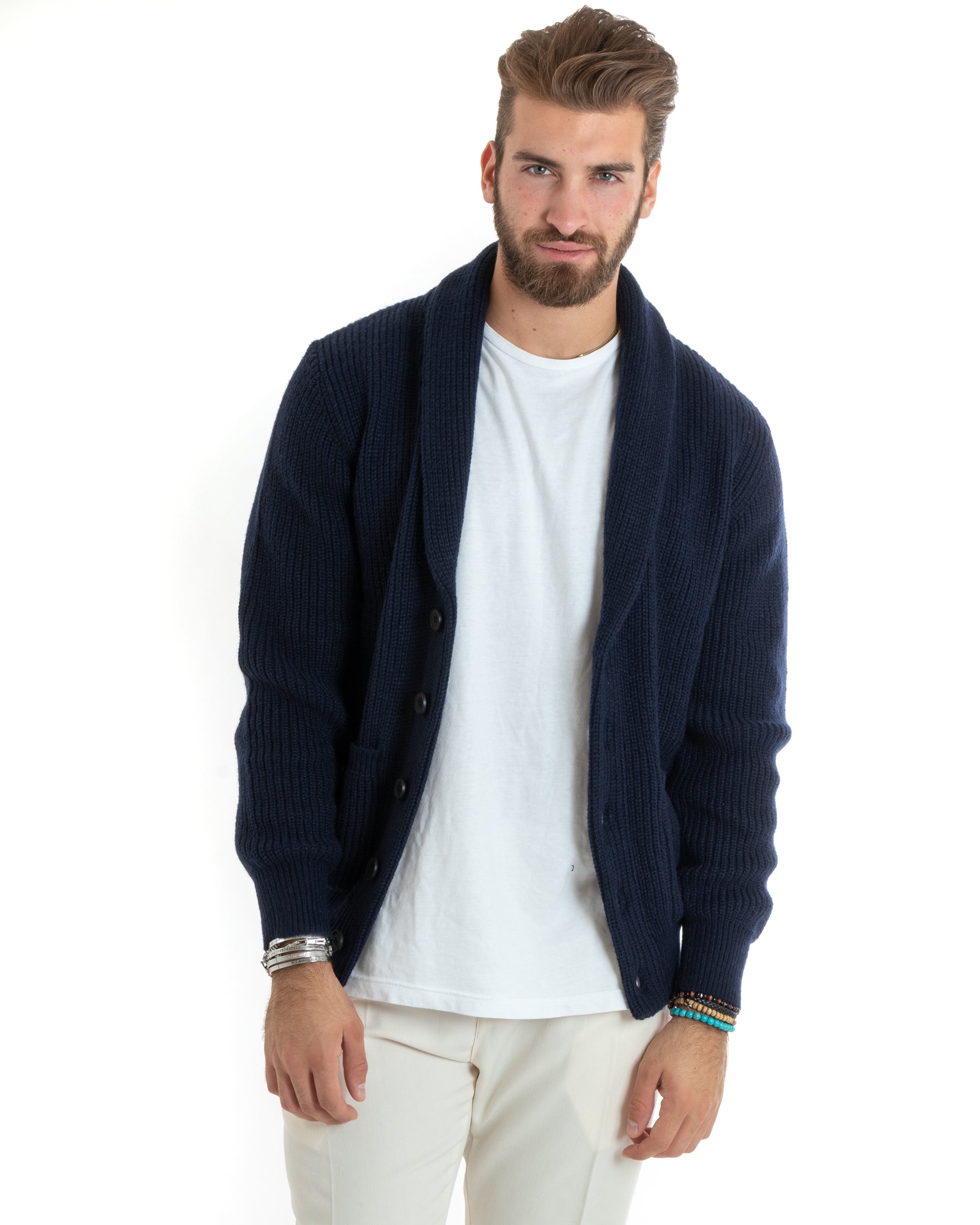 Cardigan Uomo Giacca Con Bottoni Maglia Con Tasche A Toppa Maglioncino Collo A Scialle Casual Blu GIOSAL-M2736A