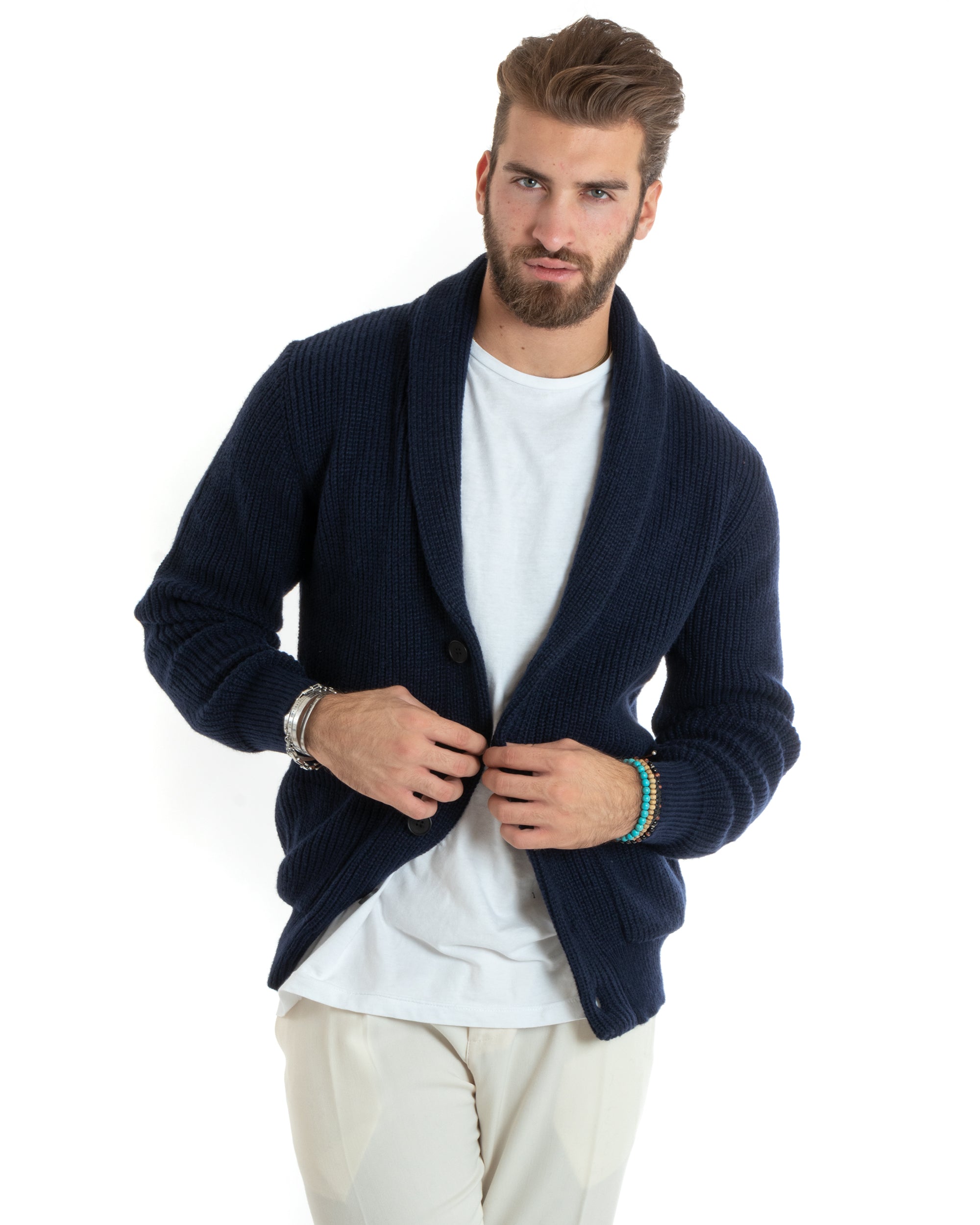 Cardigan Uomo Giacca Con Bottoni Maglia Con Tasche A Toppa Maglioncino Collo A Scialle Casual Blu GIOSAL-M2736A